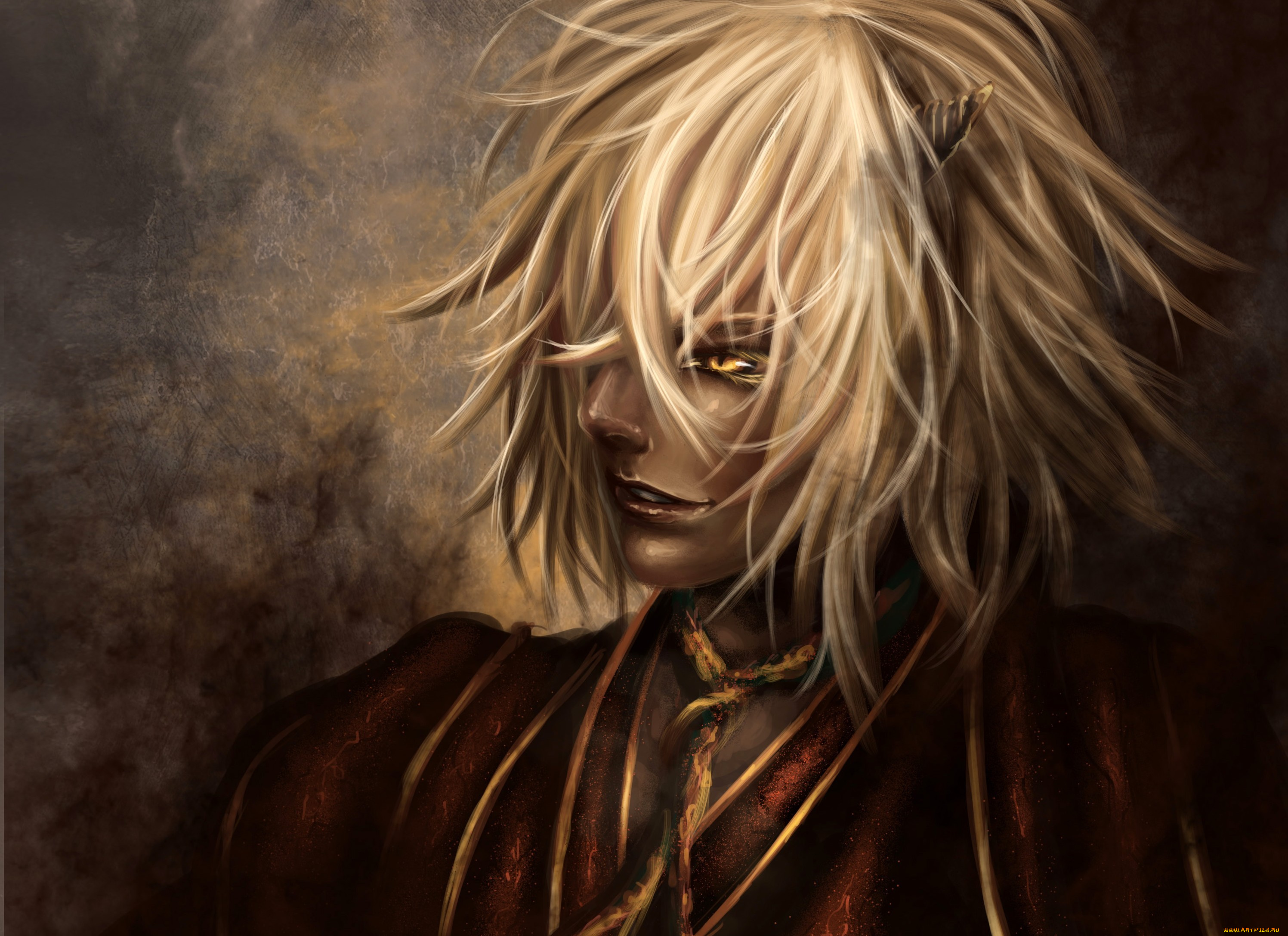 аниме, hakuoki, hekketsu-roku, демон, парень, рога, демоны, бледной, сакуры, chigake, kazama, hakuouki