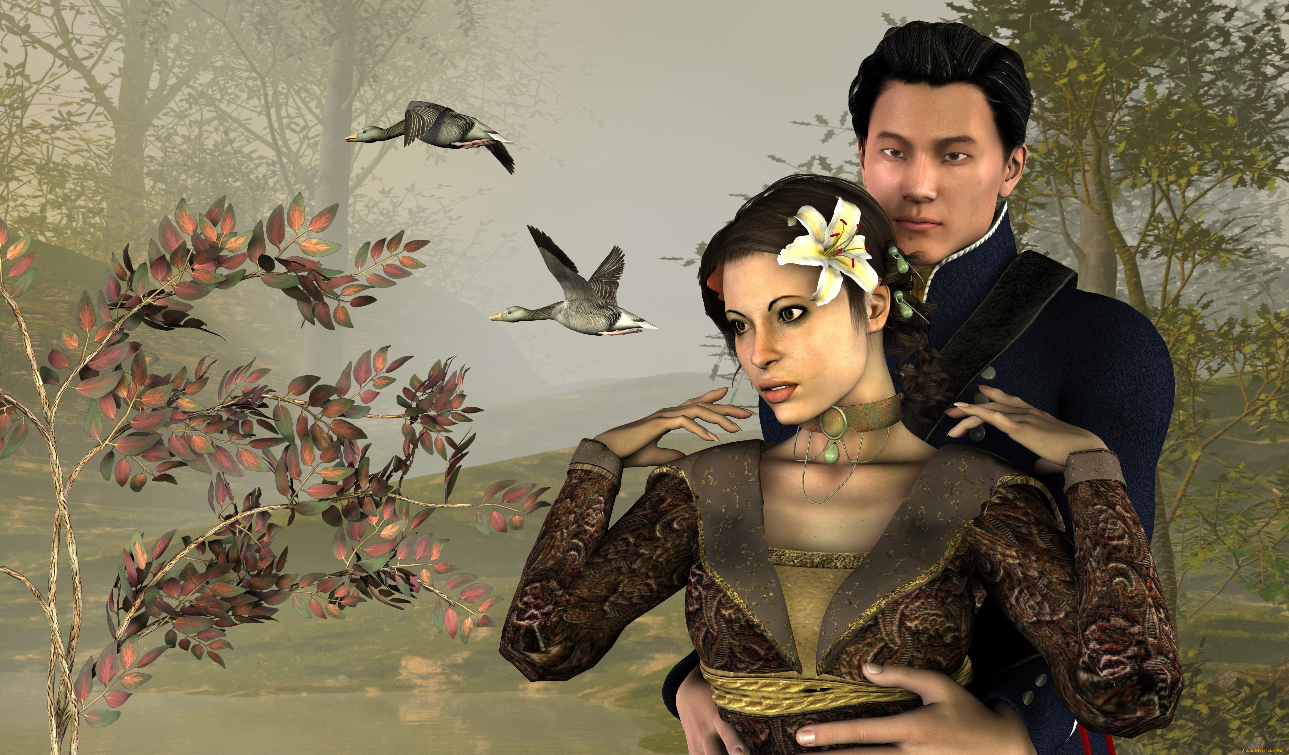 3д, графика, romance, гуси, парень, деревья, лилия, девушка