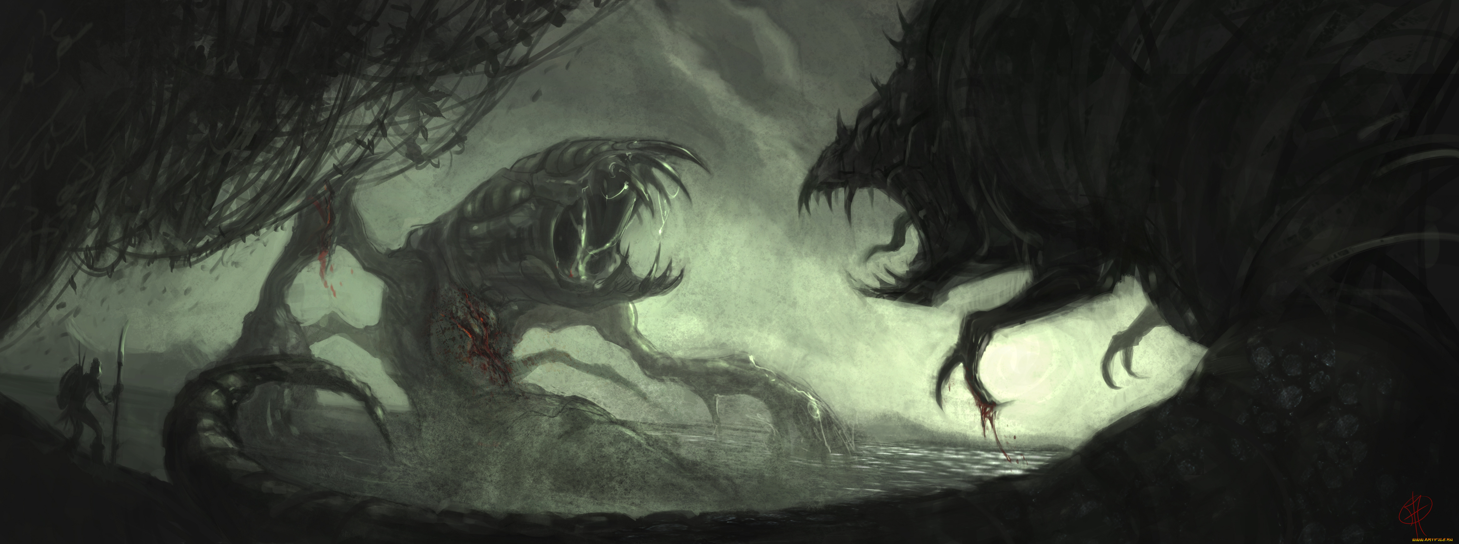 фэнтези, существа, гигантские, битва, раны, кровь, озеро, монстры, арт, человек, вода