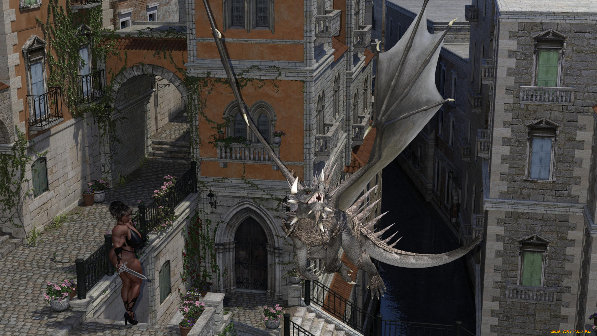 3д, графика, фантазия, , fantasy, девушка, оружие, фон, взгляд