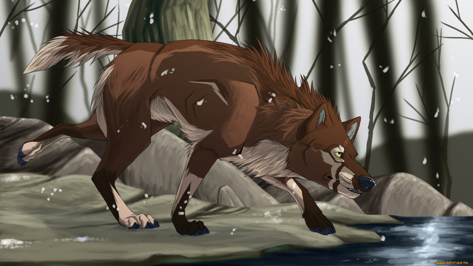рисованное, животные, , волки, волк, фон, лес, река