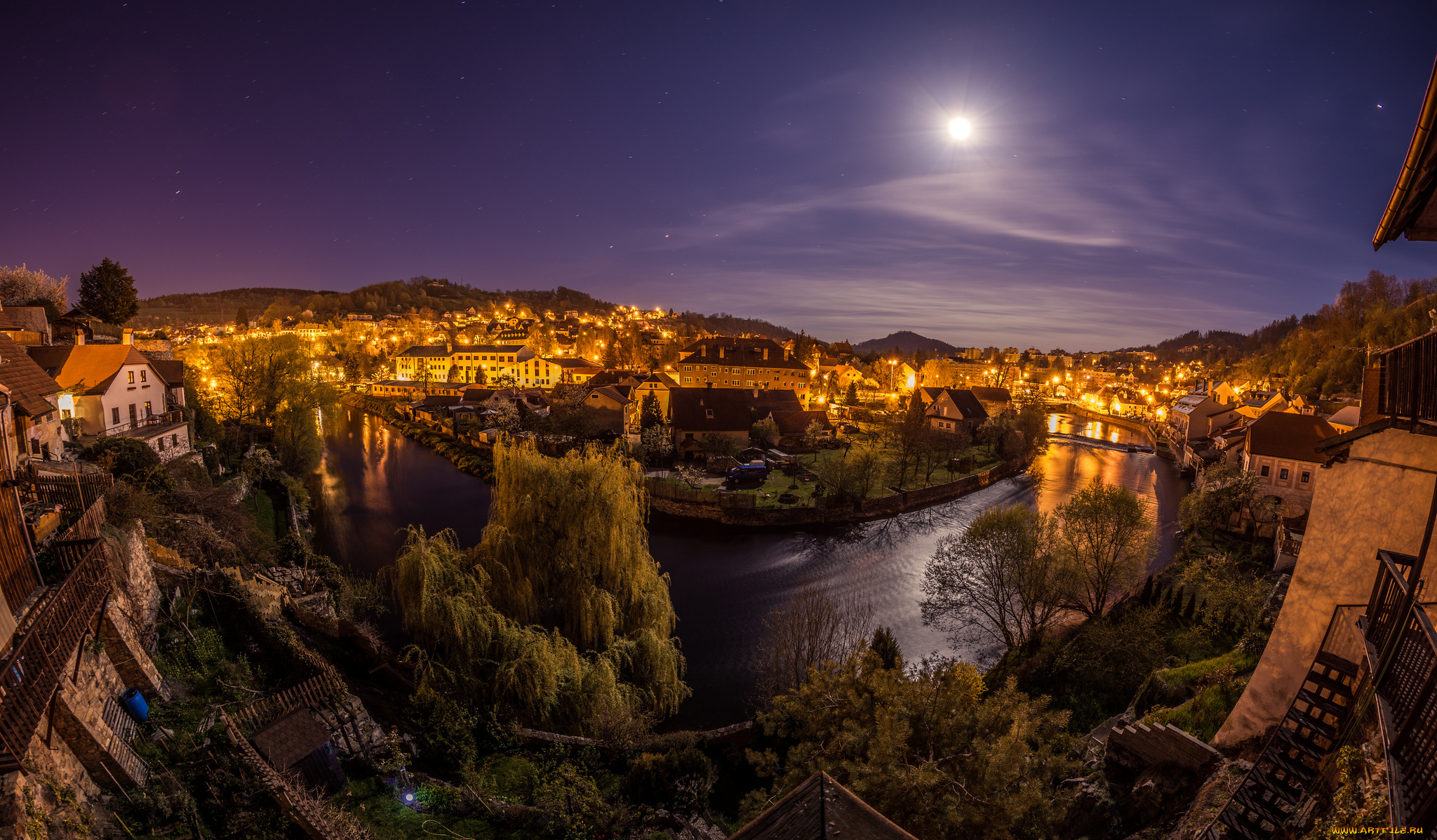 города, -, огни, ночного, города, река, городок, ночь