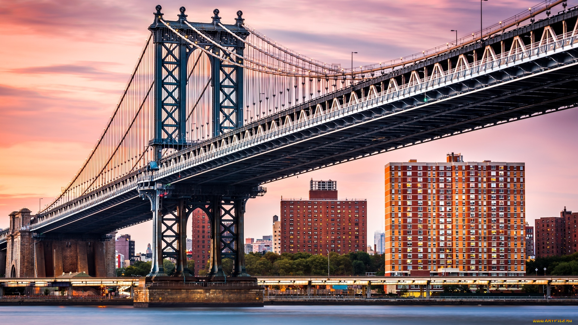 города, нью-йорк, , сша, мост, река, дома, здания, закат, манхэттен