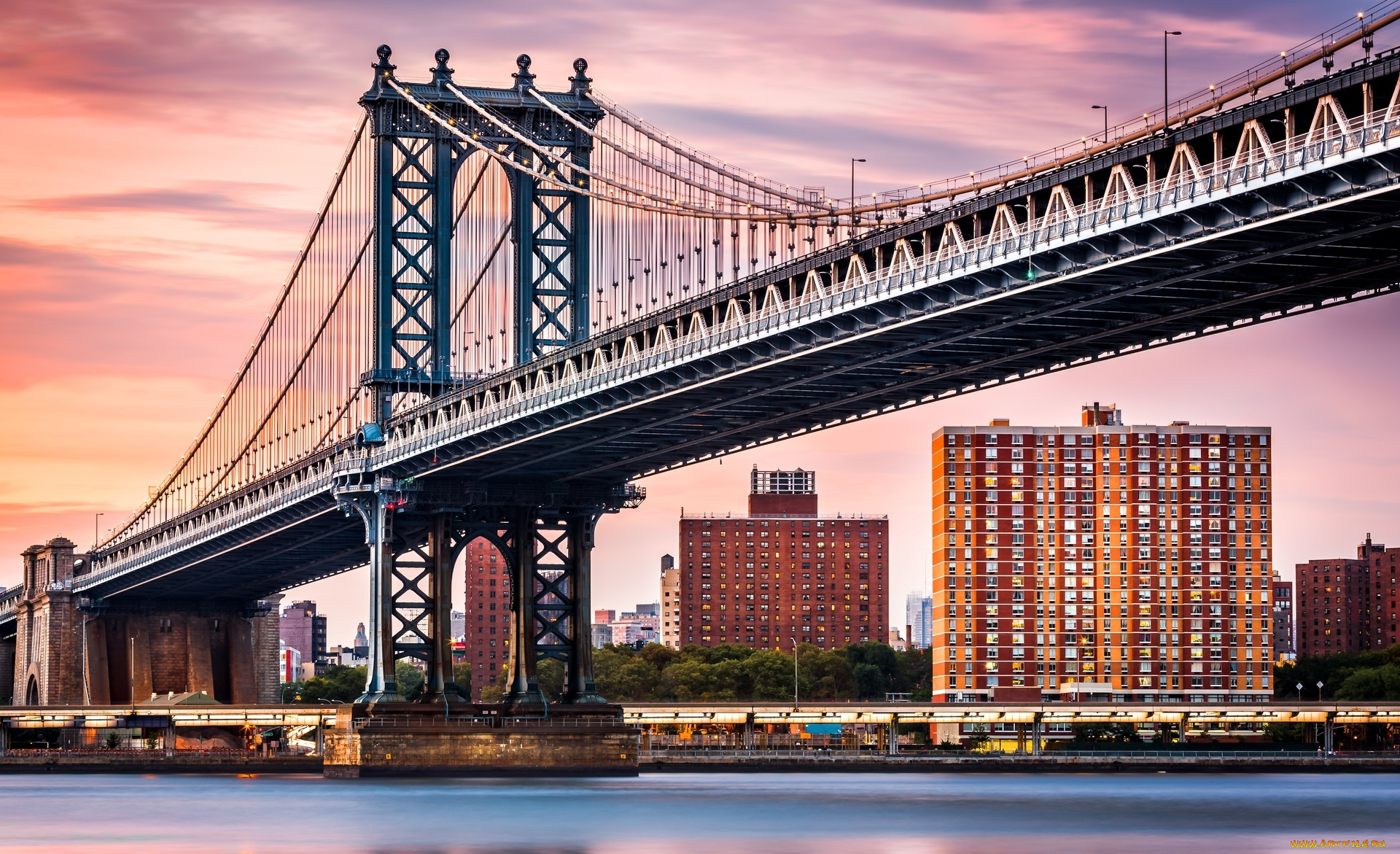 города, нью-йорк, , сша, мост, река, дома, здания, закат, манхэттен