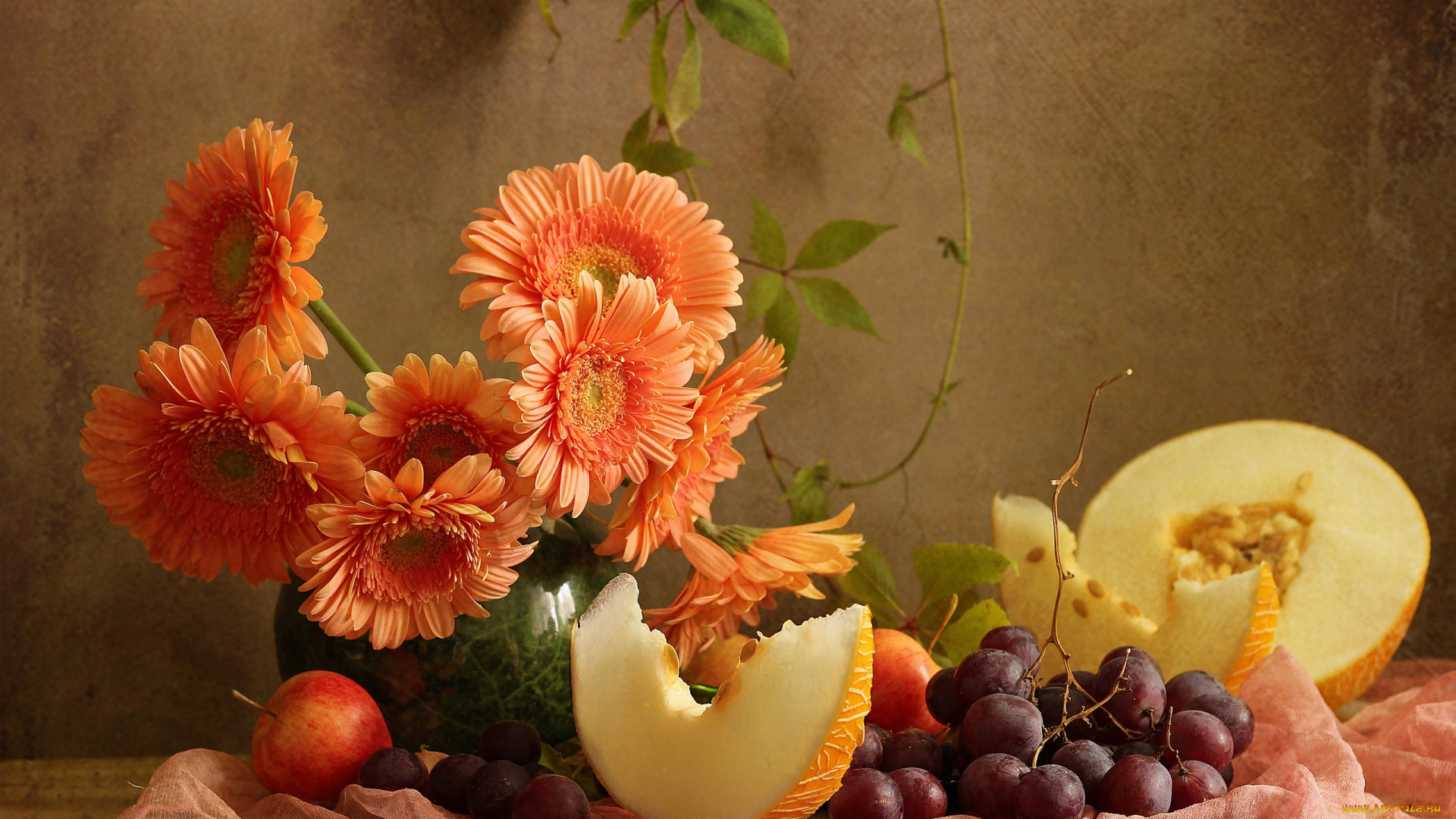 еда, натюрморт, виноград, цветы, дыня