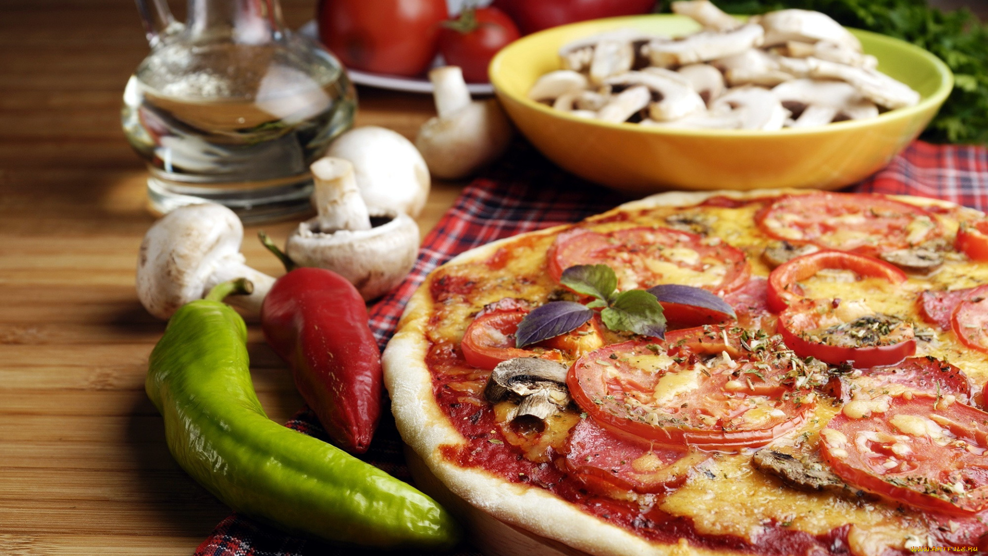 еда, пицца, сыр, помидоры, перец, грибы, шампиньоны