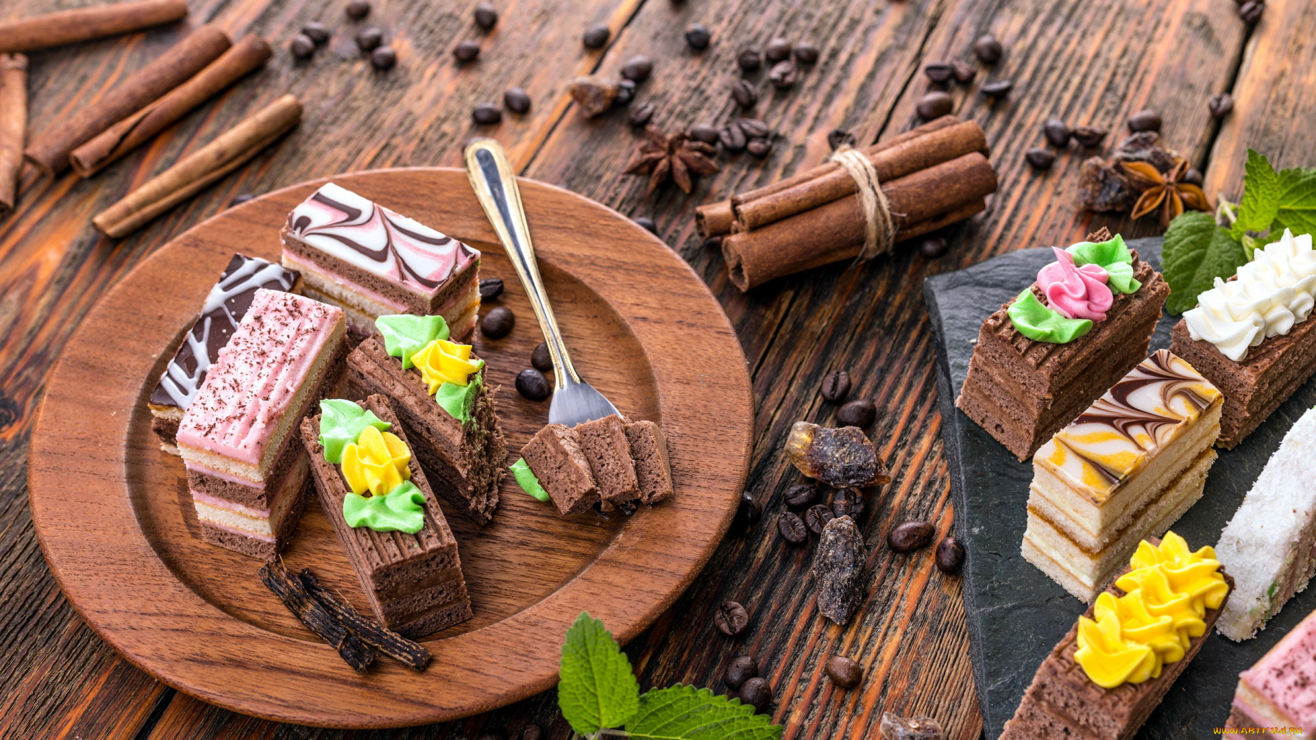 еда, пирожные, , кексы, , печенье, лакомство, ассорти, мята, корица