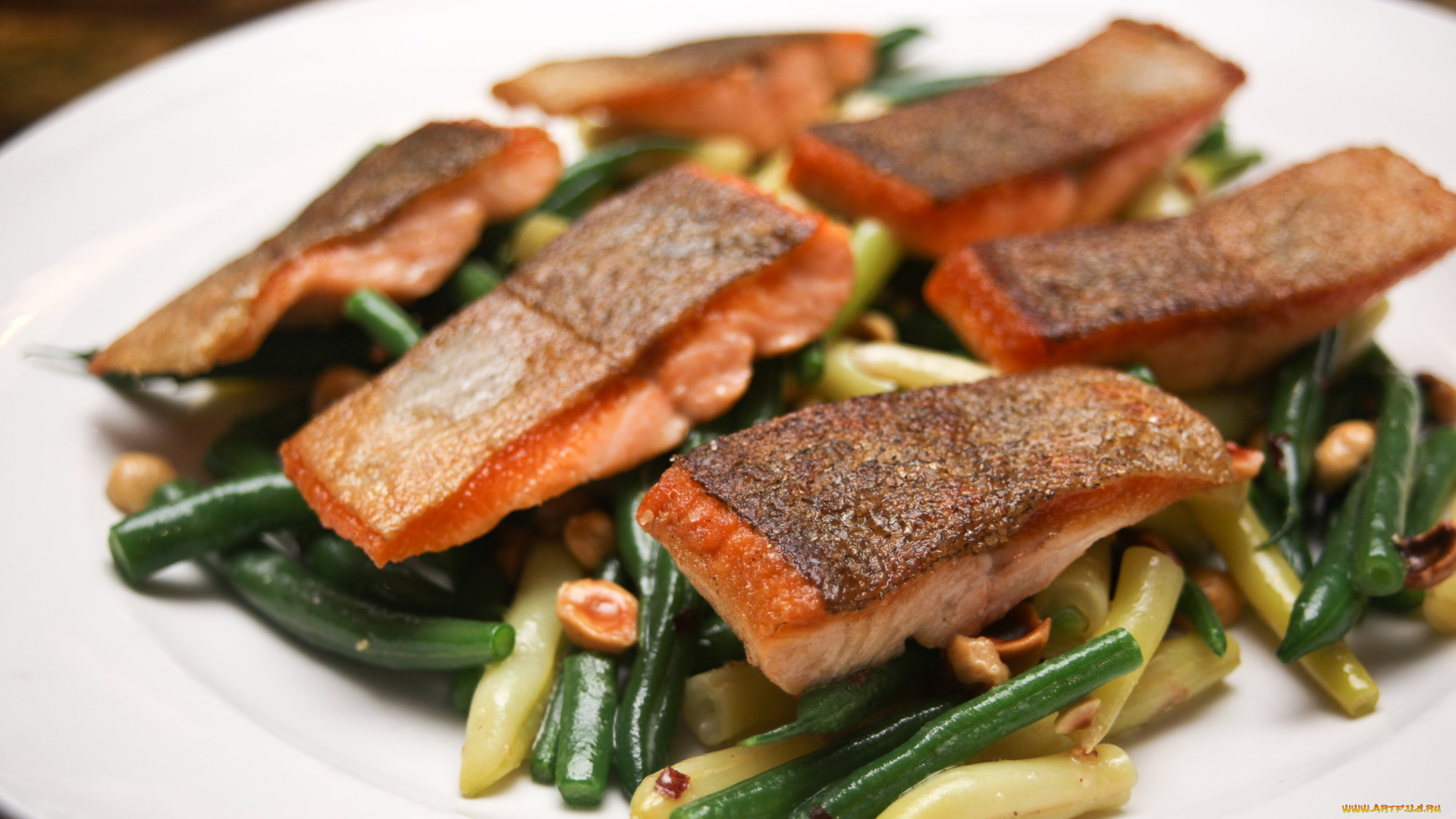 еда, рыбные, блюда, , с, морепродуктами, фасоль, стручковая, форель