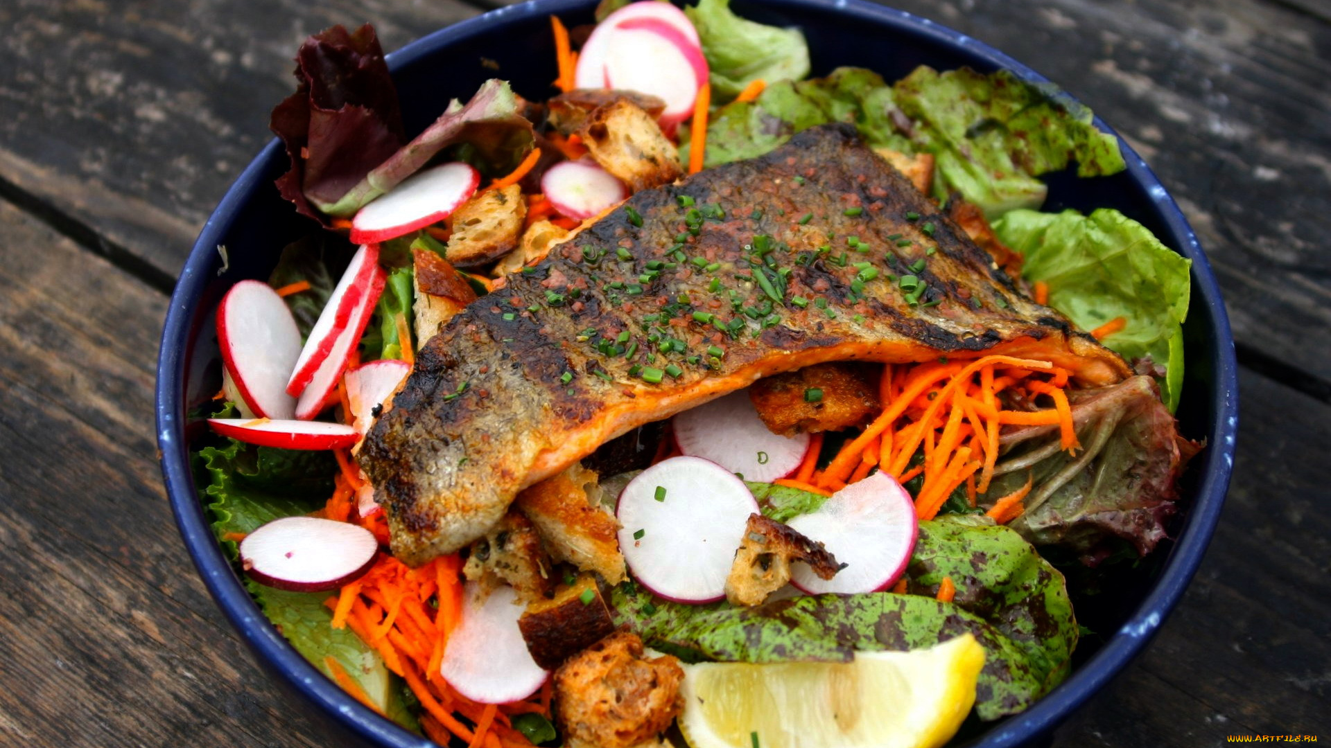 еда, рыбные, блюда, , с, морепродуктами, салат, рыба, жареная, лимон