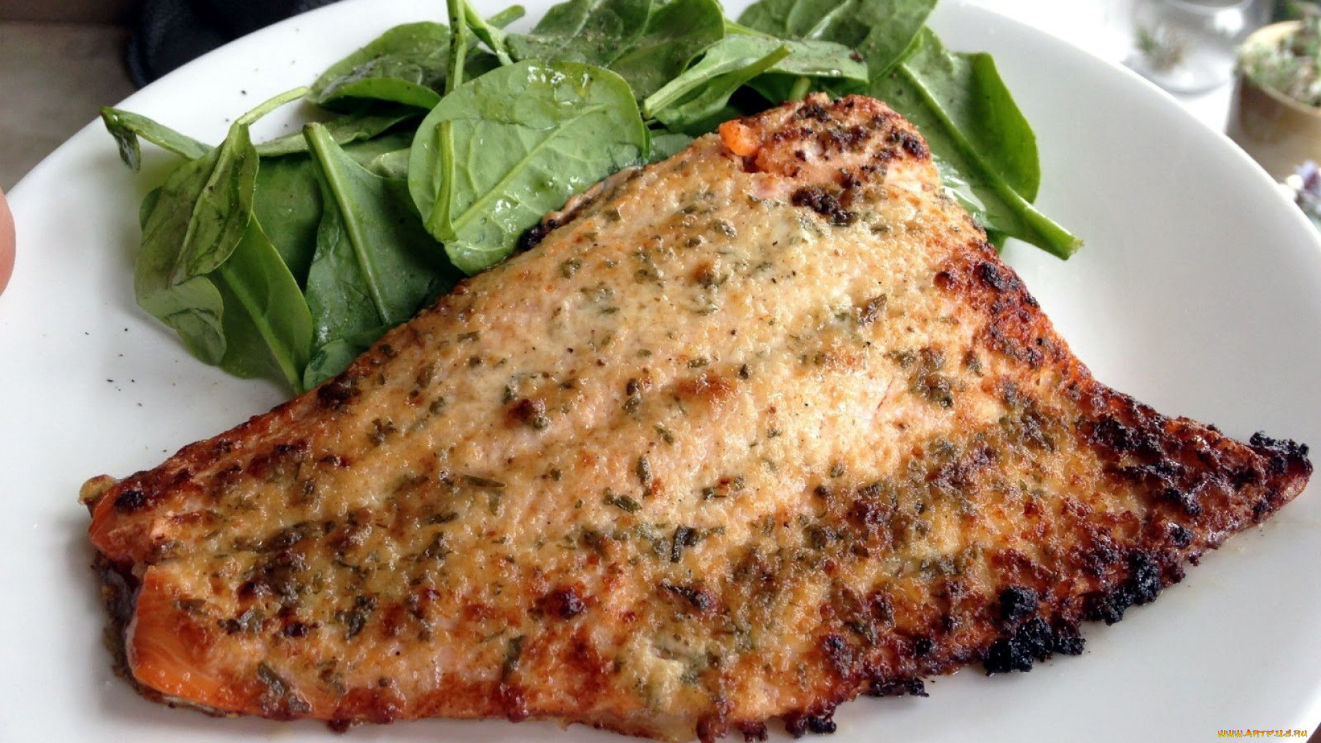 еда, рыбные, блюда, , с, морепродуктами, шпинат, форель