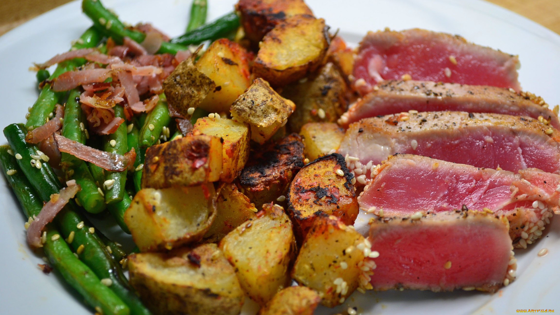 еда, рыбные, блюда, , с, морепродуктами, тунец, картофель, фасоль