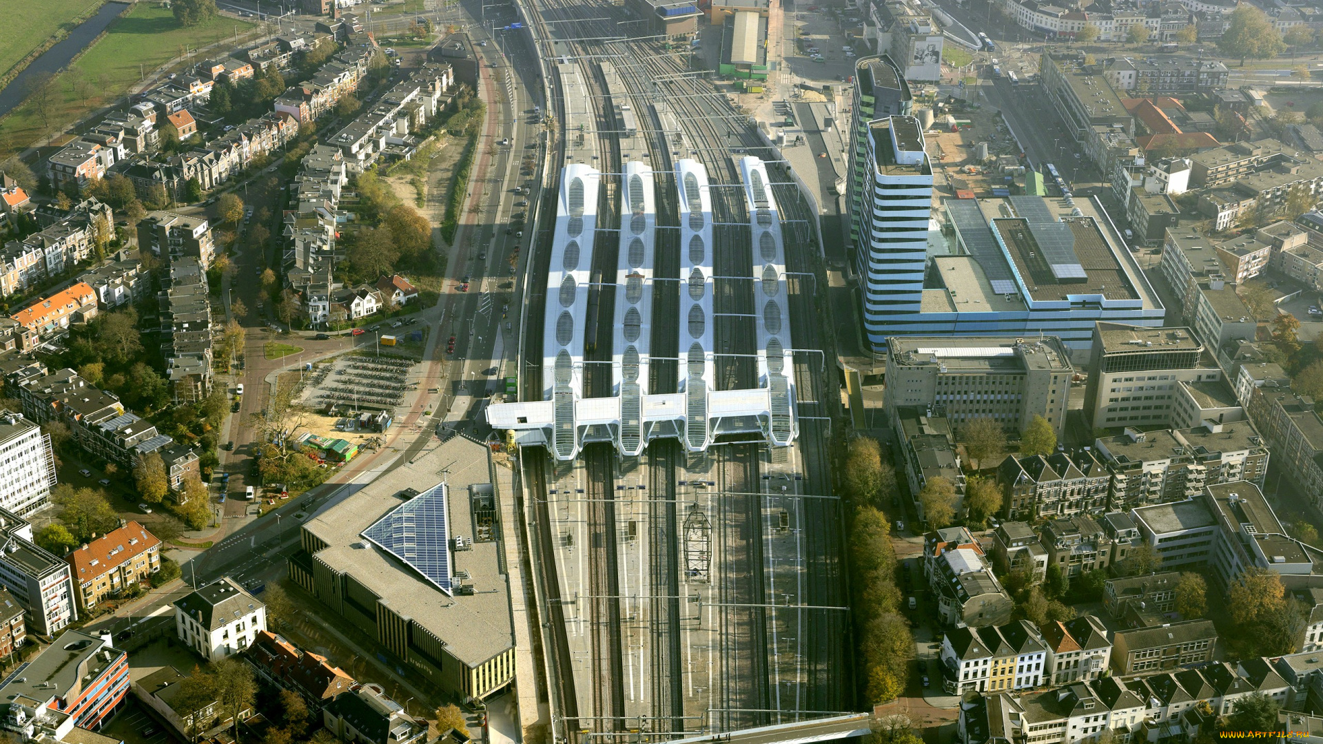 города, -, пейзажи, с, высоты, птичьего, полета, железнодорожный, вокзал, европа, транспортный, узел