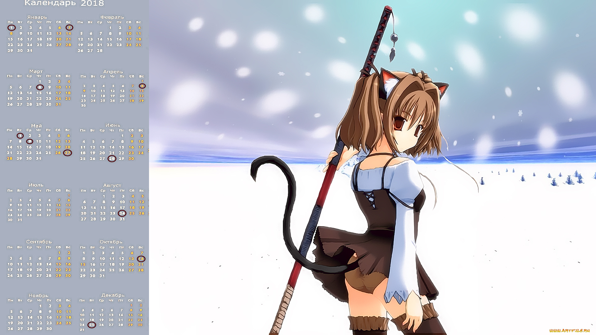 календари, аниме, снег, существо, взгляд, девушка