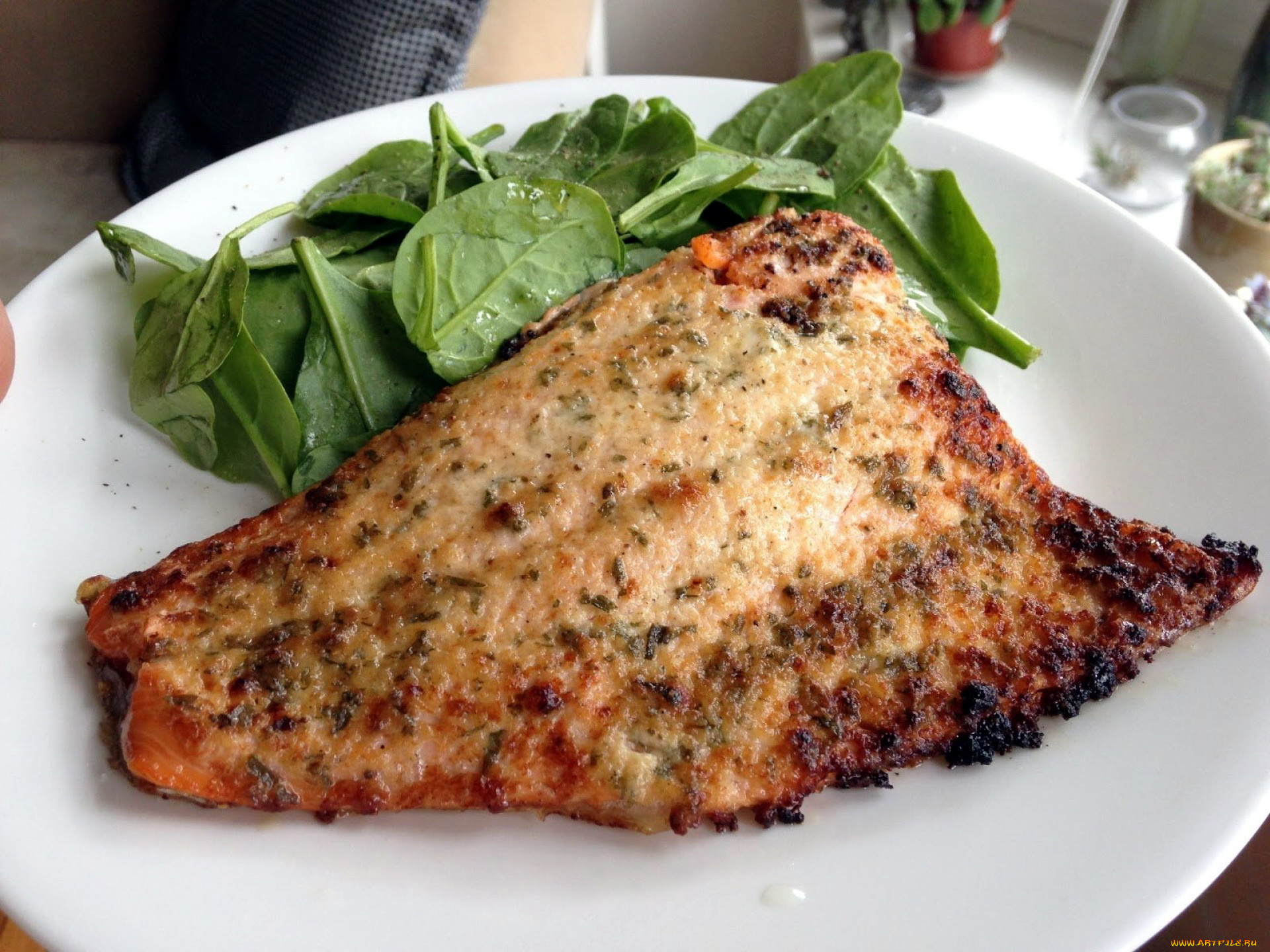 еда, рыбные, блюда, , с, морепродуктами, шпинат, форель