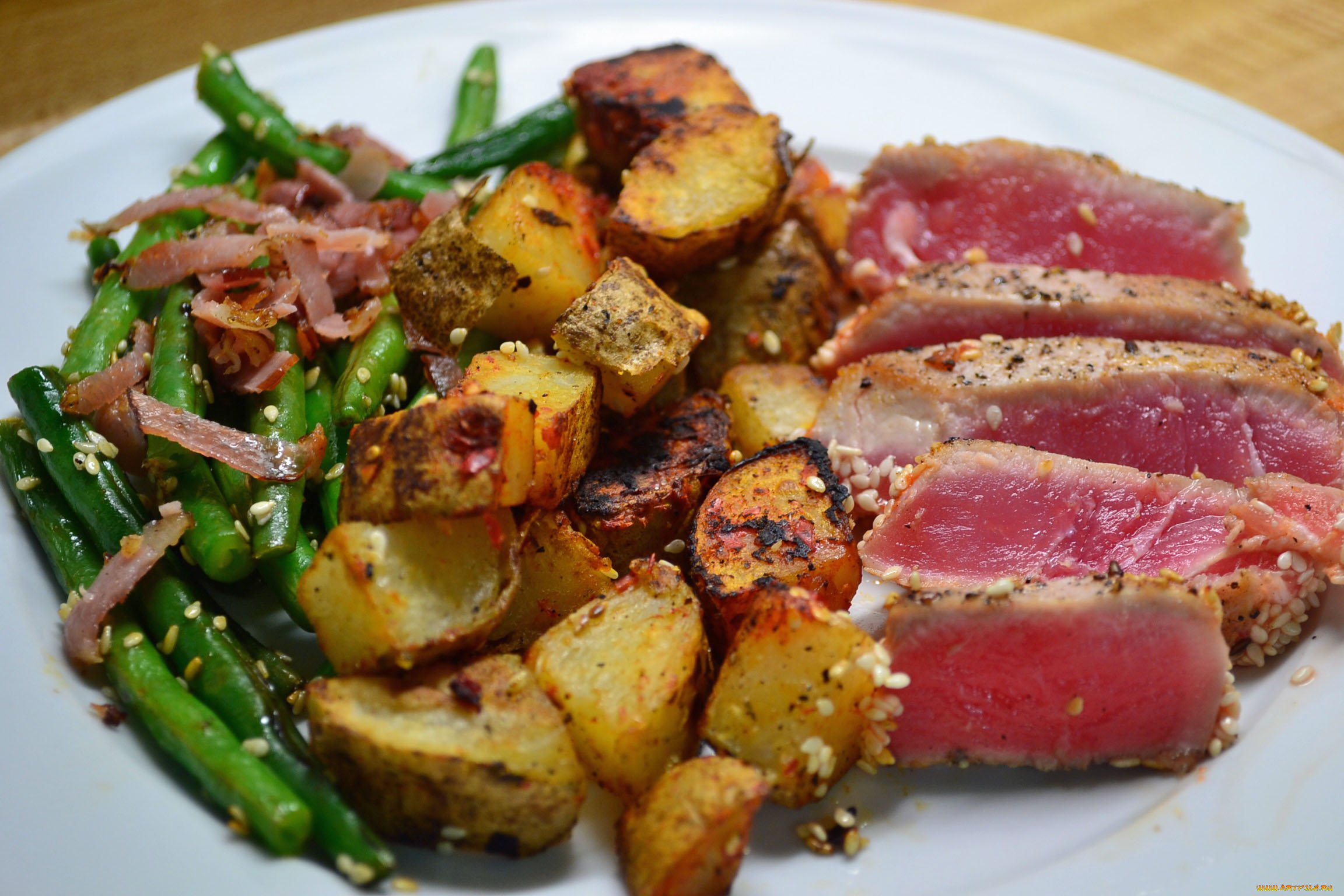 еда, рыбные, блюда, , с, морепродуктами, тунец, картофель, фасоль