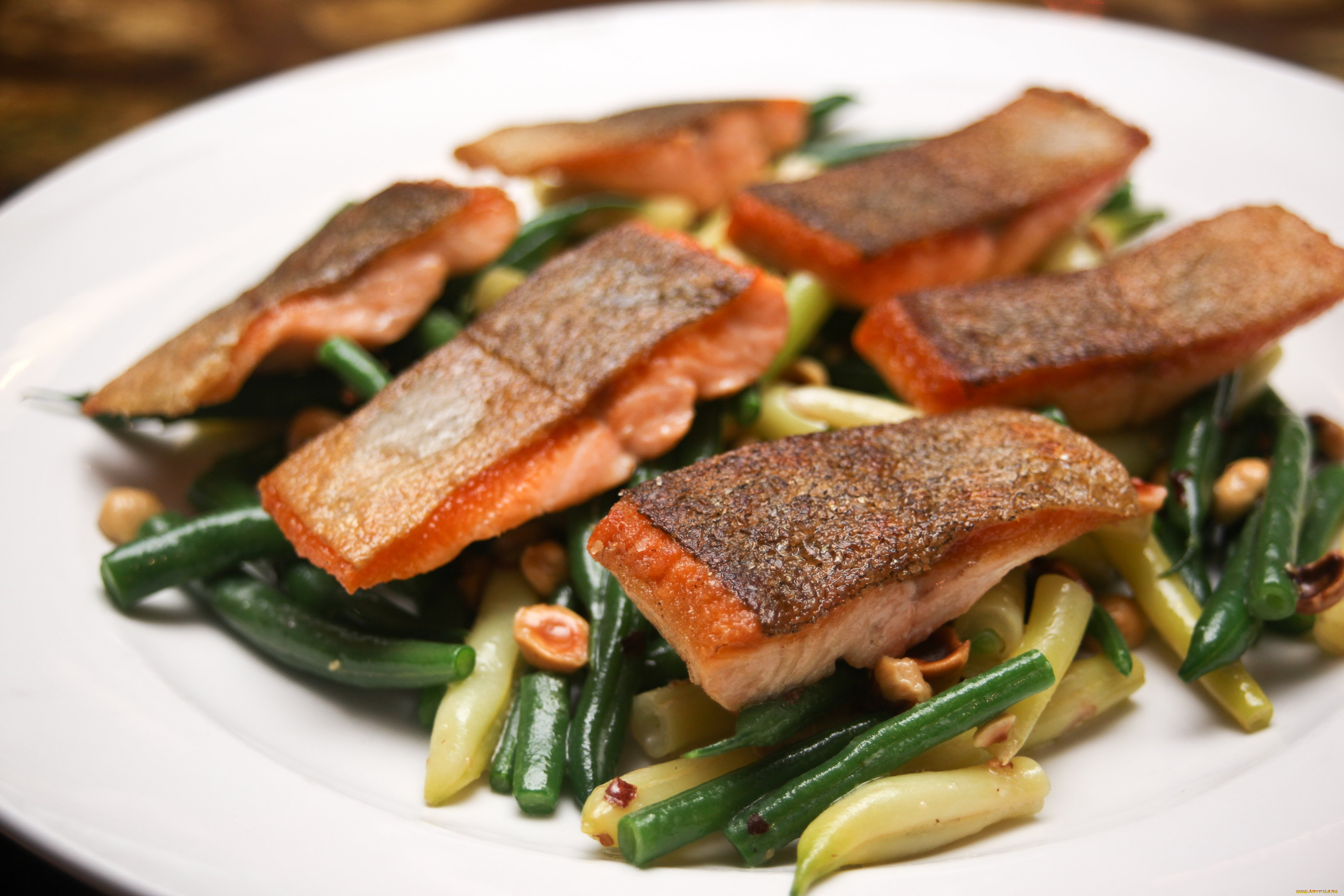 еда, рыбные, блюда, , с, морепродуктами, фасоль, стручковая, форель