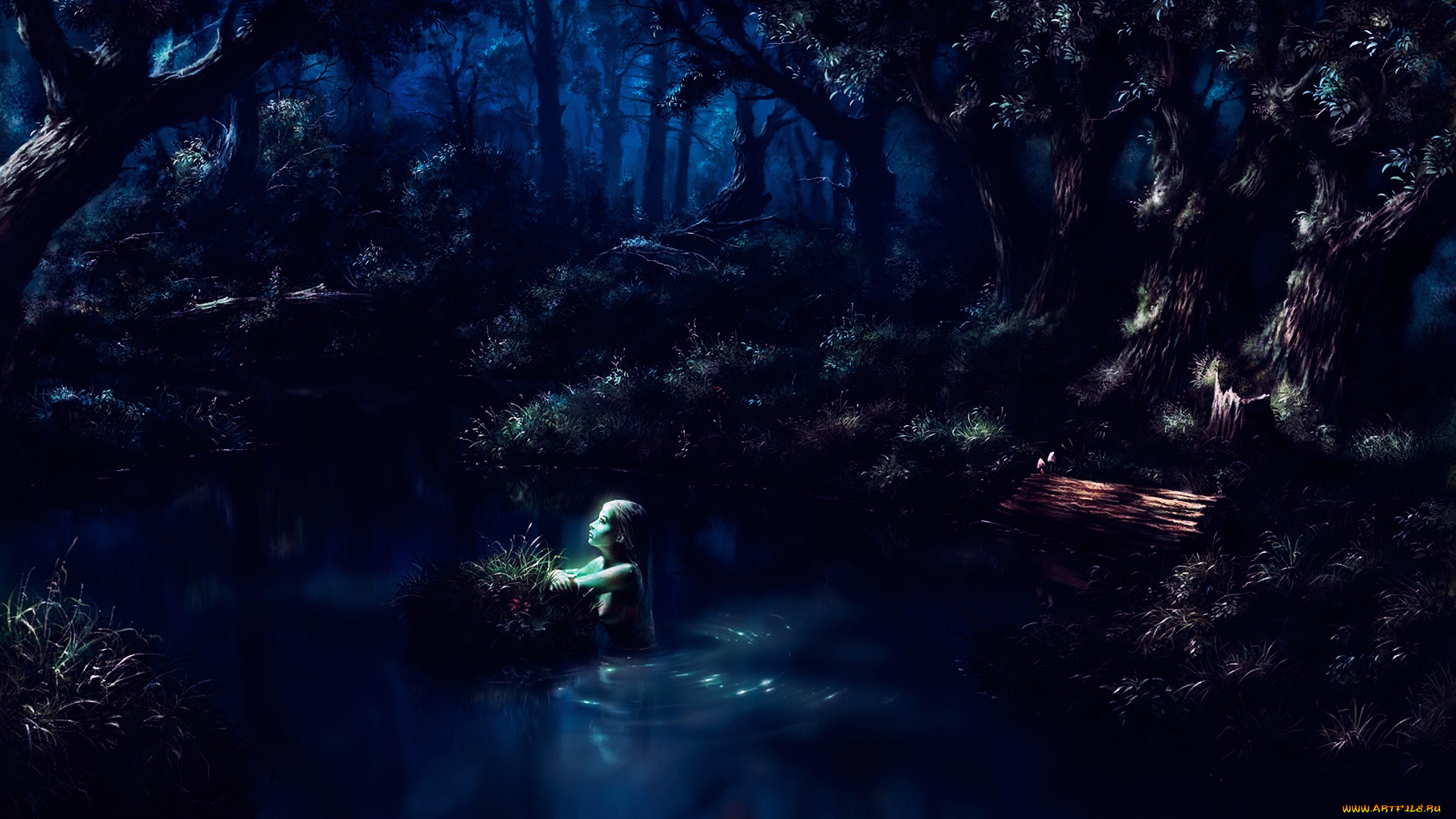 фэнтези, девушки, ночь, озеро, лес, девушка