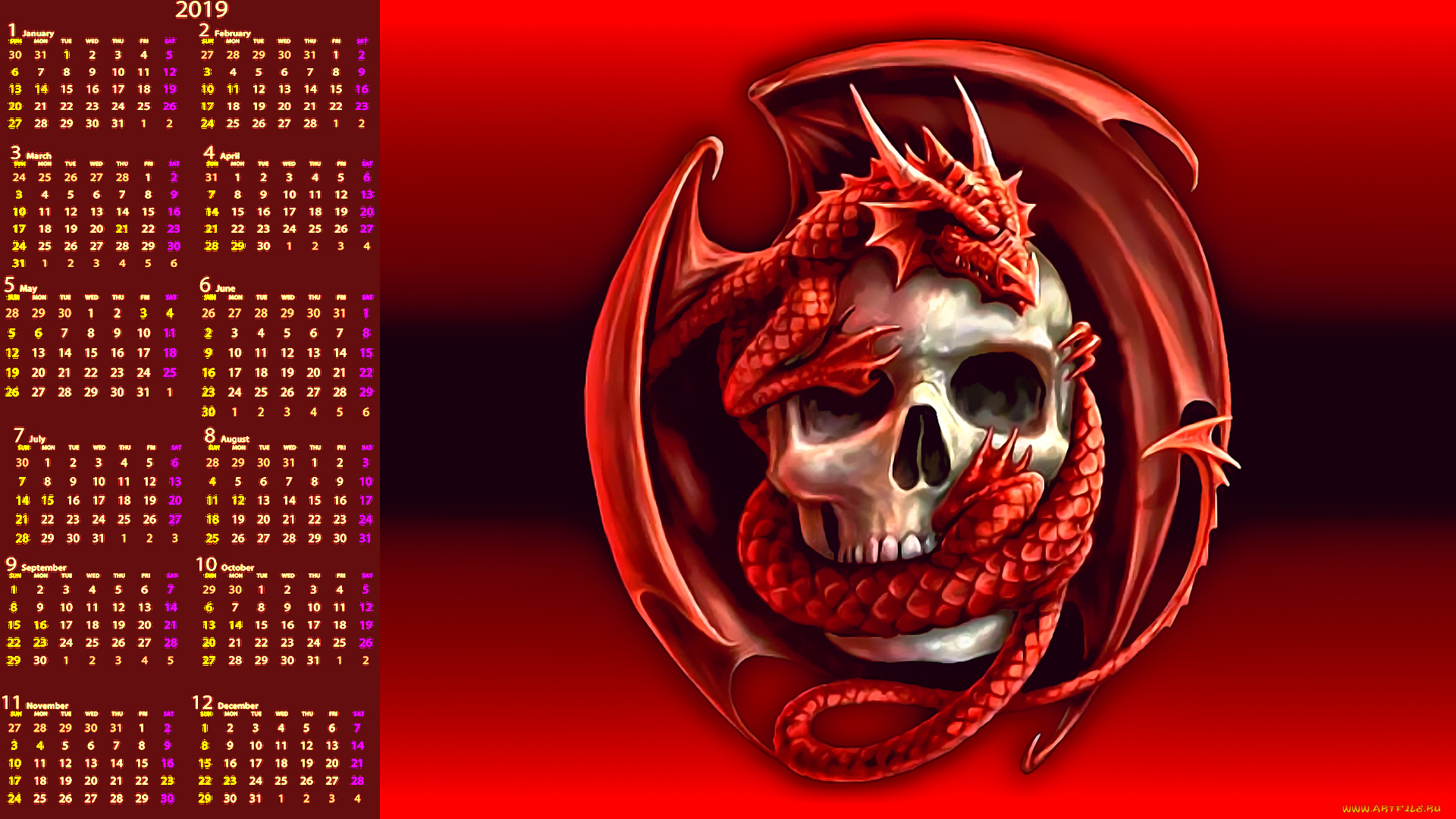 календари, фэнтези, красный, цвет, череп, дракон