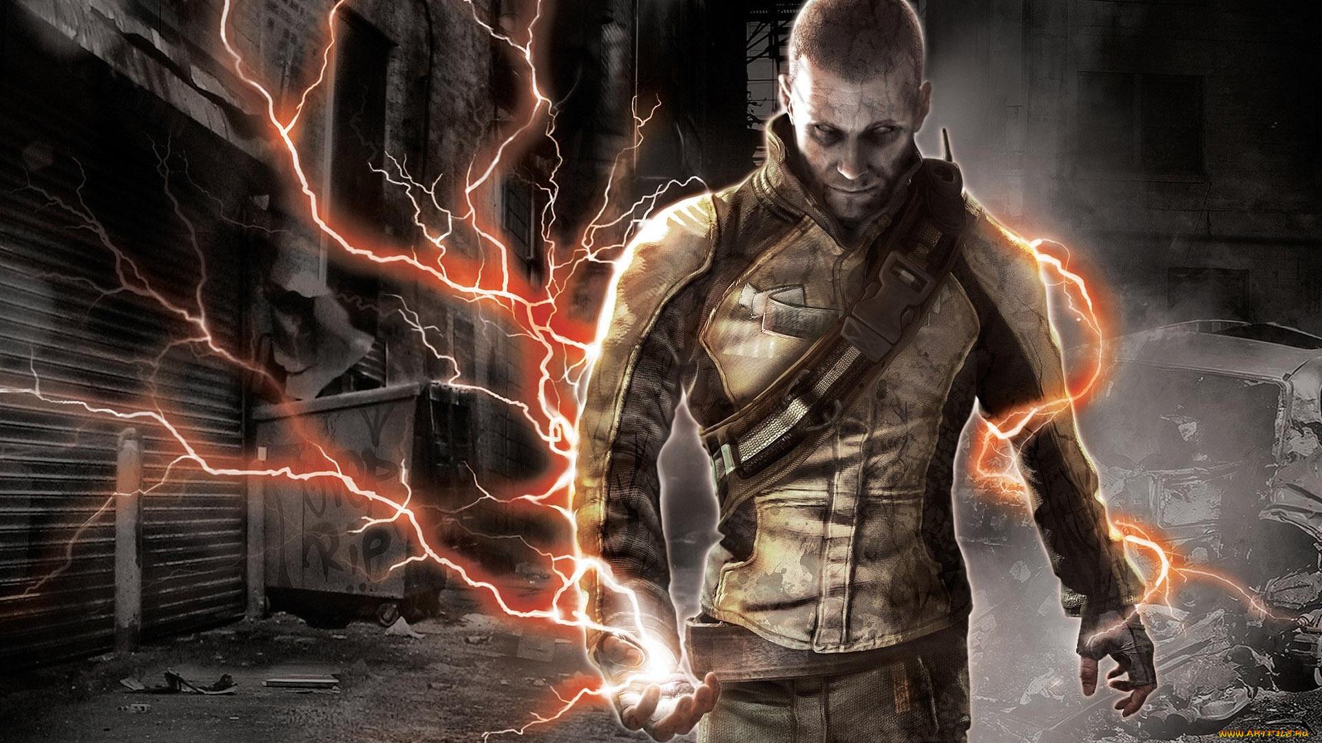 видео, игры, infamous, куртка, мужчина, город, молнии, мусор