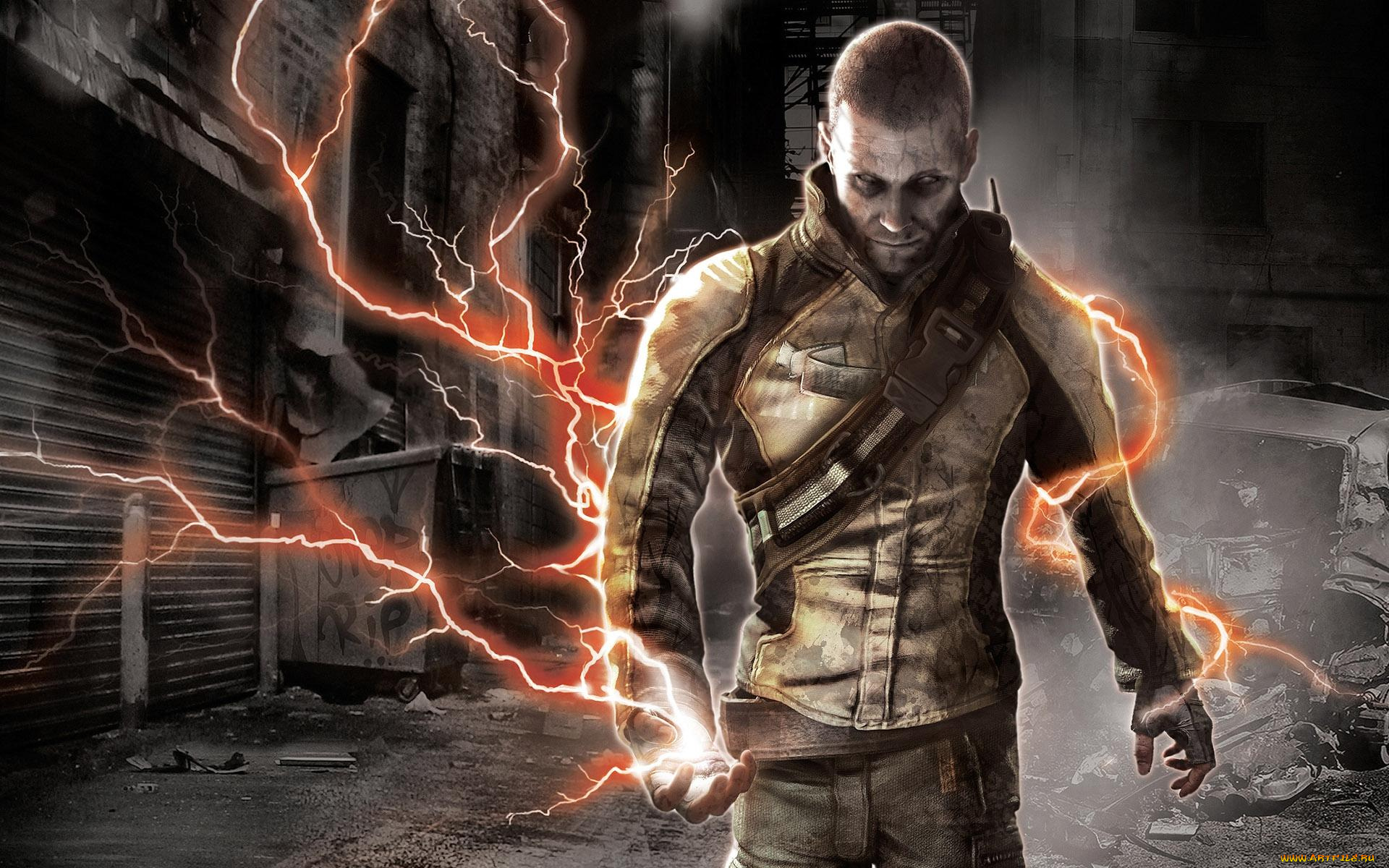 видео, игры, infamous, куртка, мужчина, город, молнии, мусор