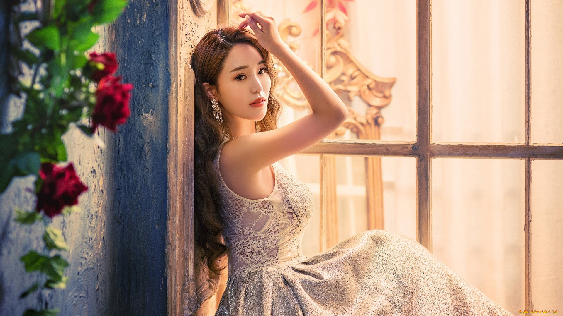 девушки, -, азиатки, азиатка, кружевное, платье, поза