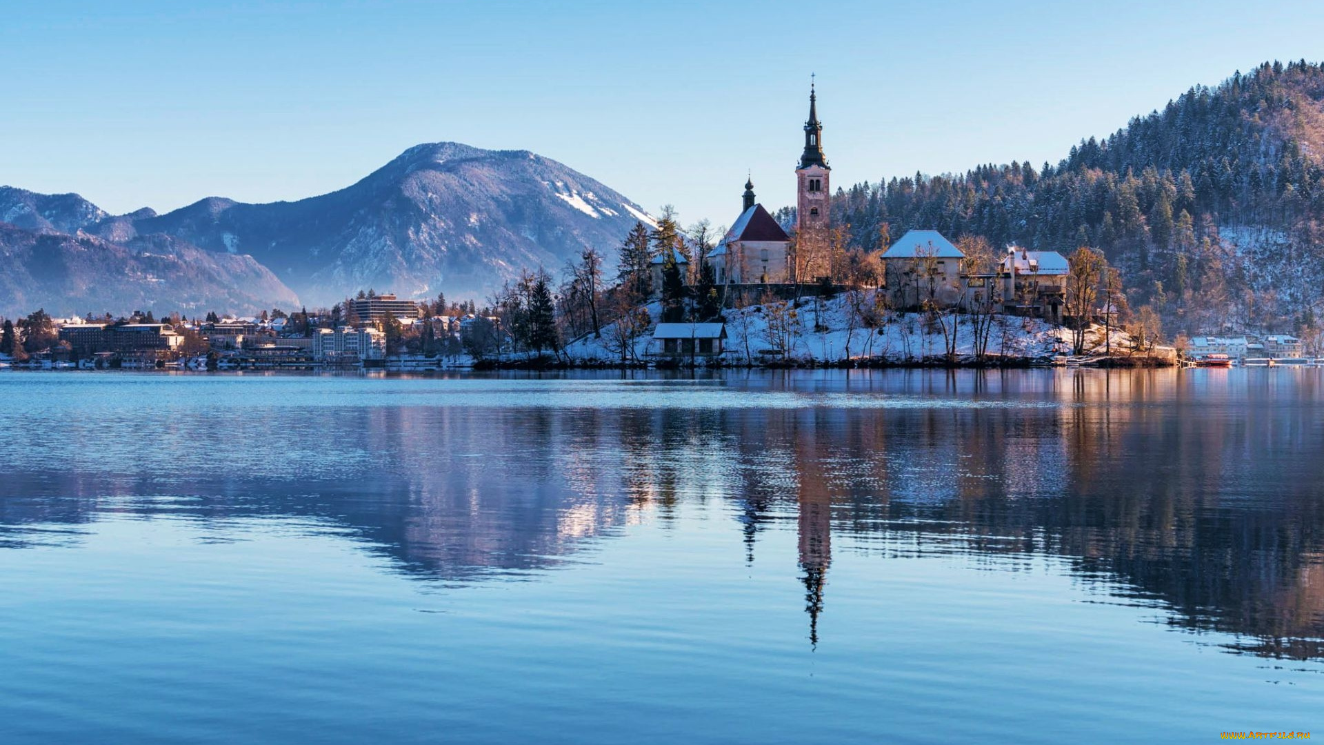 города, блед, , словения, горы, озеро, панорама