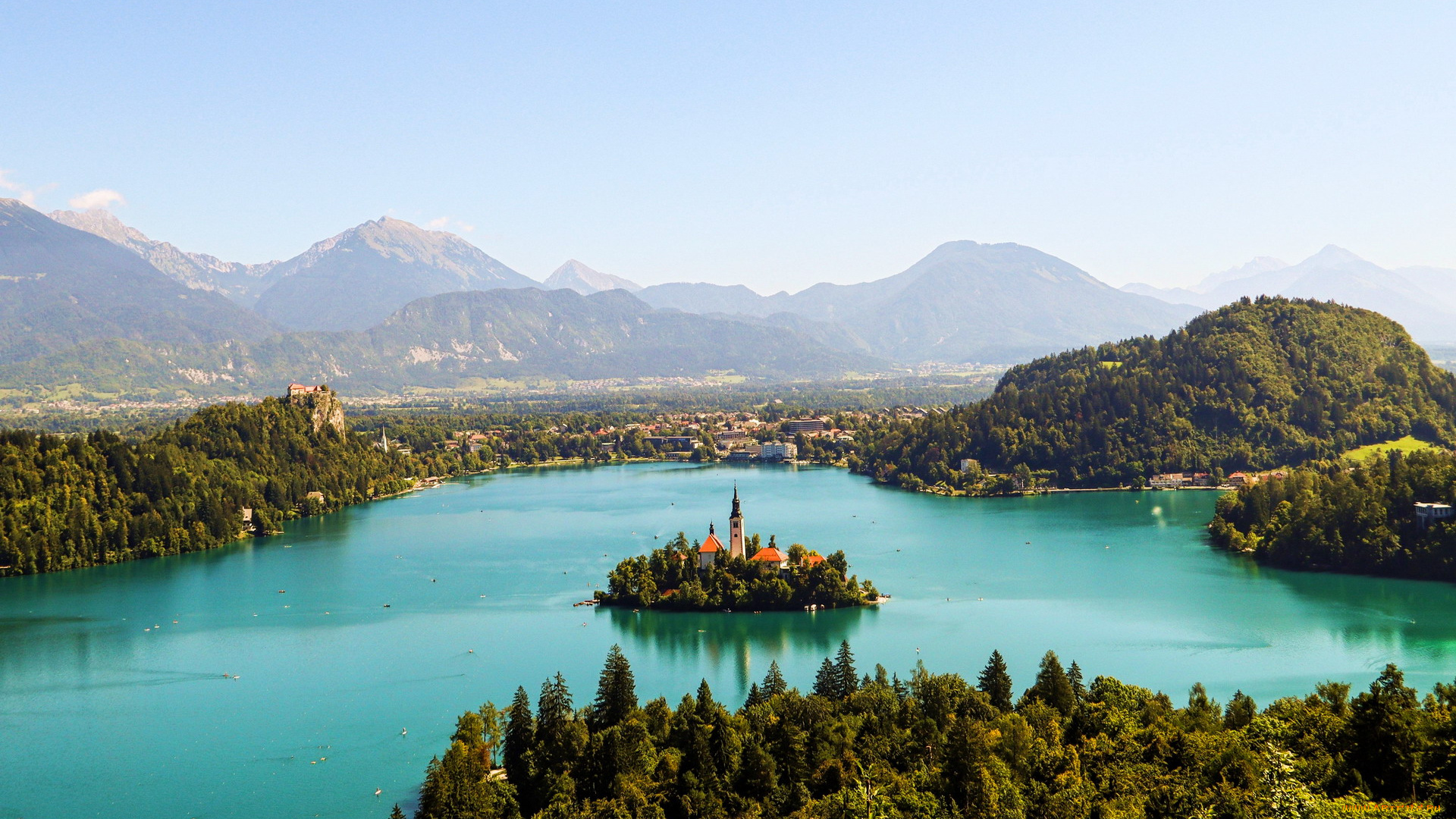 города, блед, , словения, горы, озеро, панорама