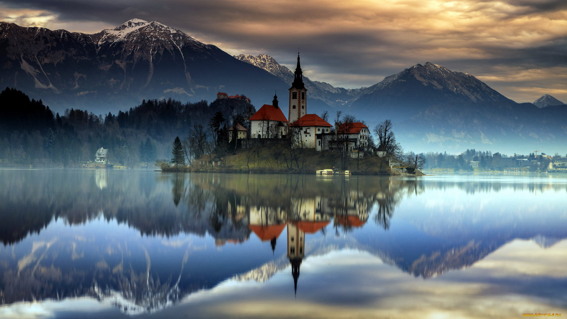 города, блед, , словения, горы, озеро, вечер, отражение