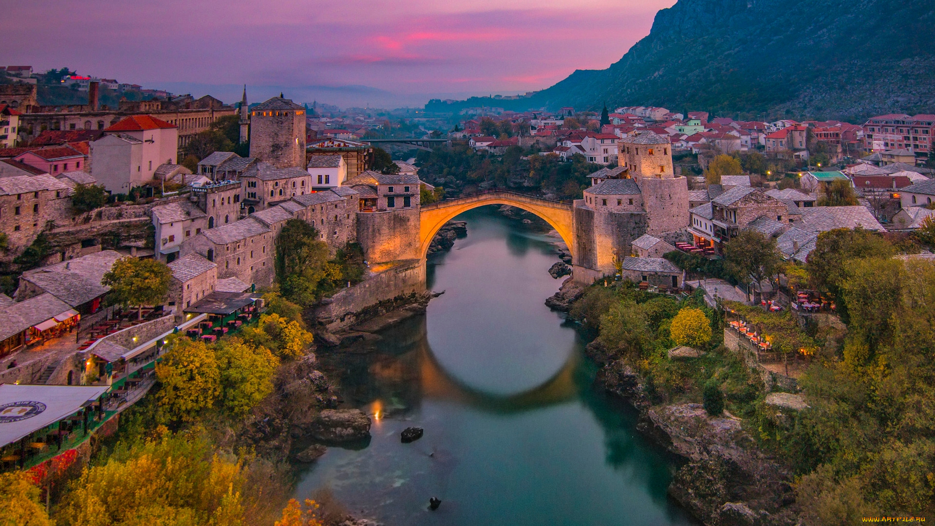города, мостар, , босния, и, герцеговина, гора, река, вечер, мост, огни