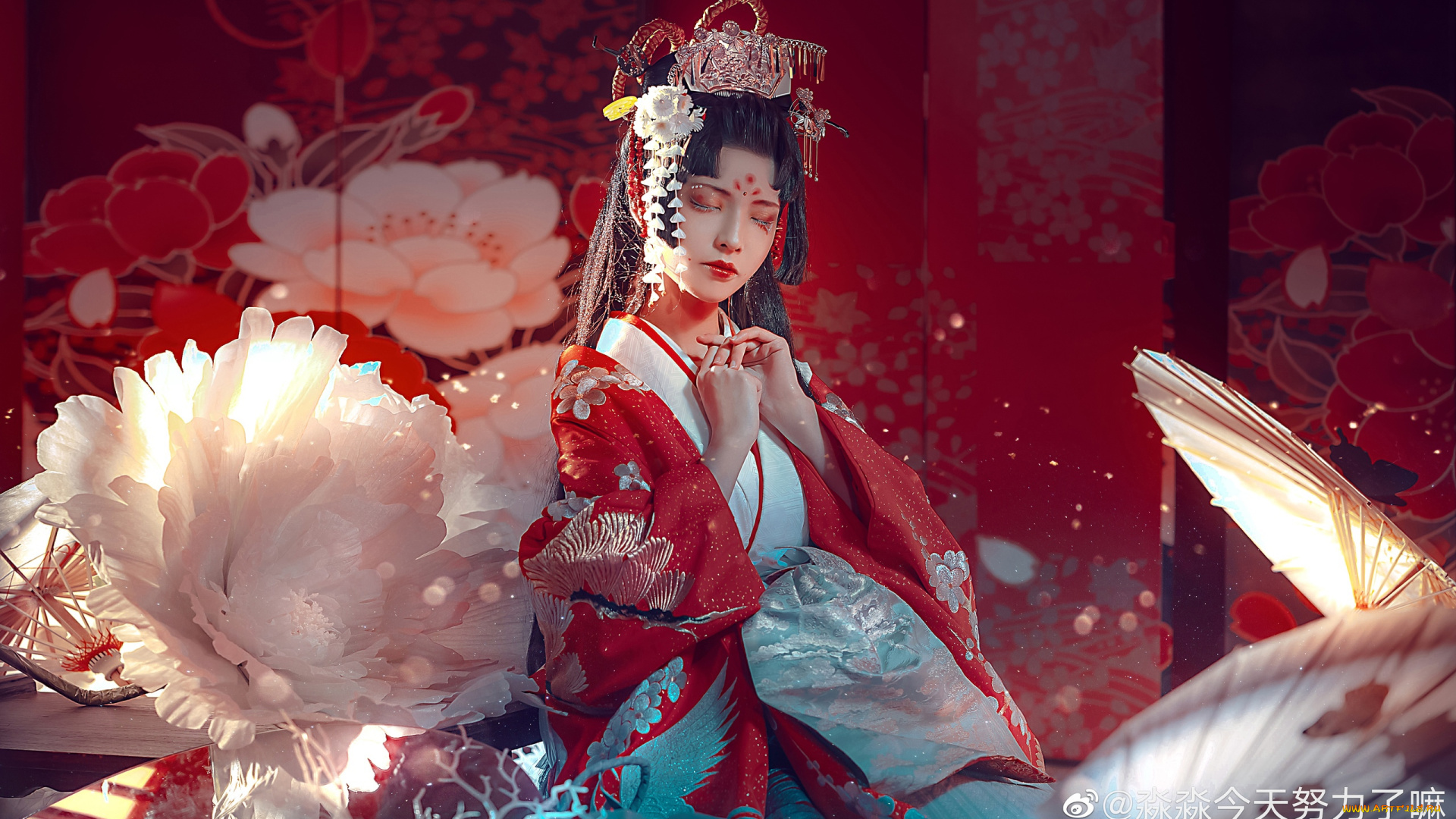 рисованное, люди, девушка, азиатка, цветок, украшения, кимоно, зонт