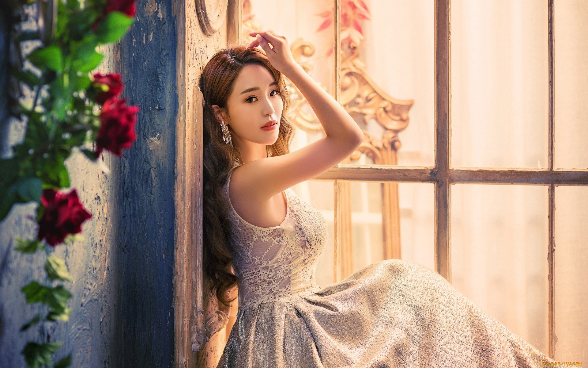 девушки, -, азиатки, азиатка, кружевное, платье, поза