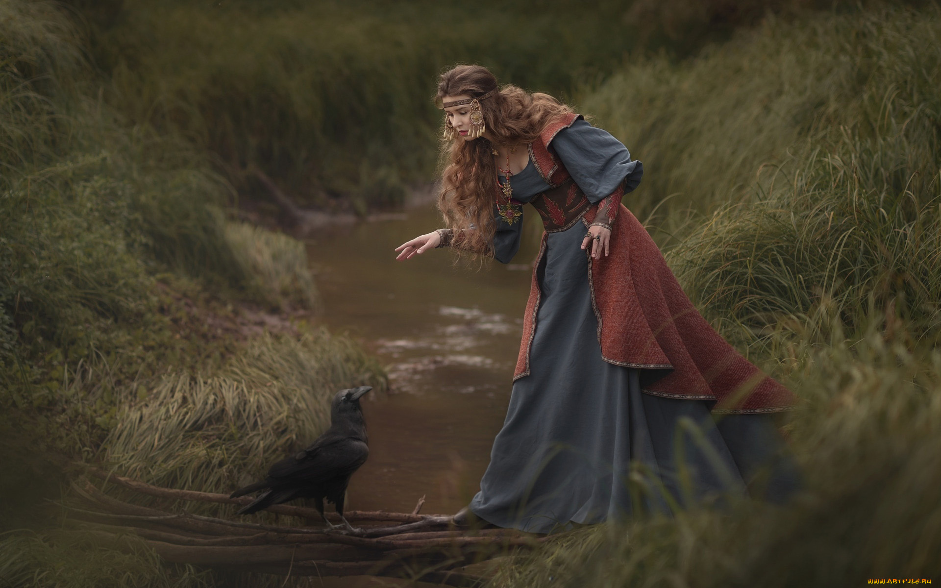 девушки, -, креатив, , косплей, ручей, шатенка, ворон, старинный, наряд, косплей