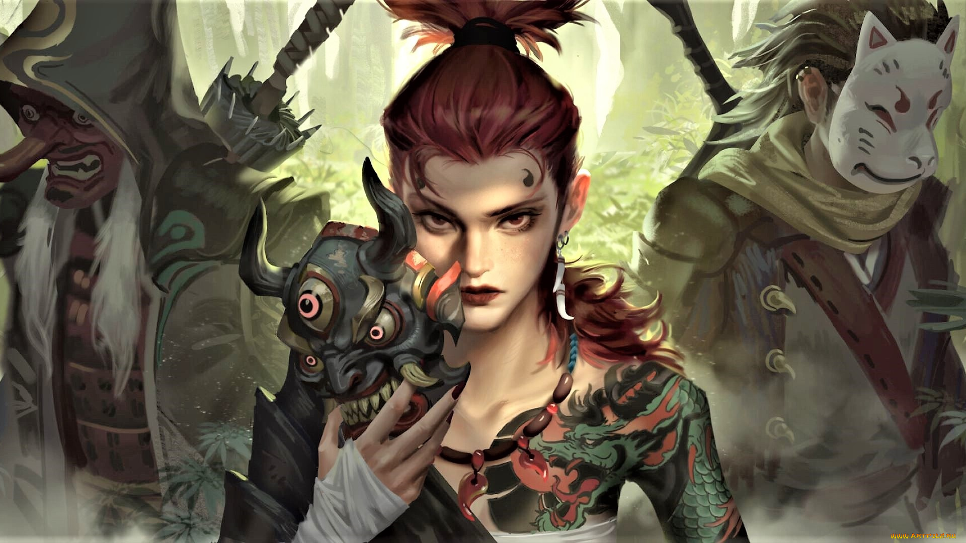 фэнтези, люди, девушка, парни, маски