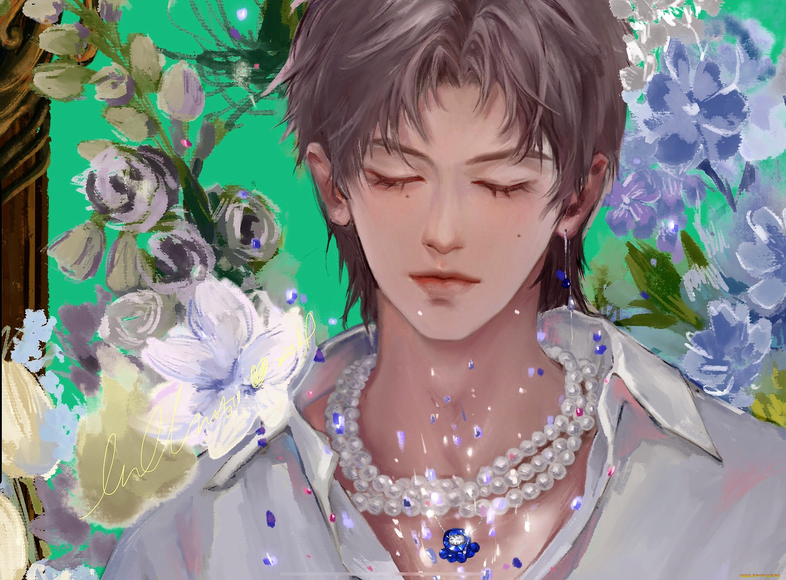 рисованное, люди, чжан, чжэхань, лицо, ожерелье, цветы