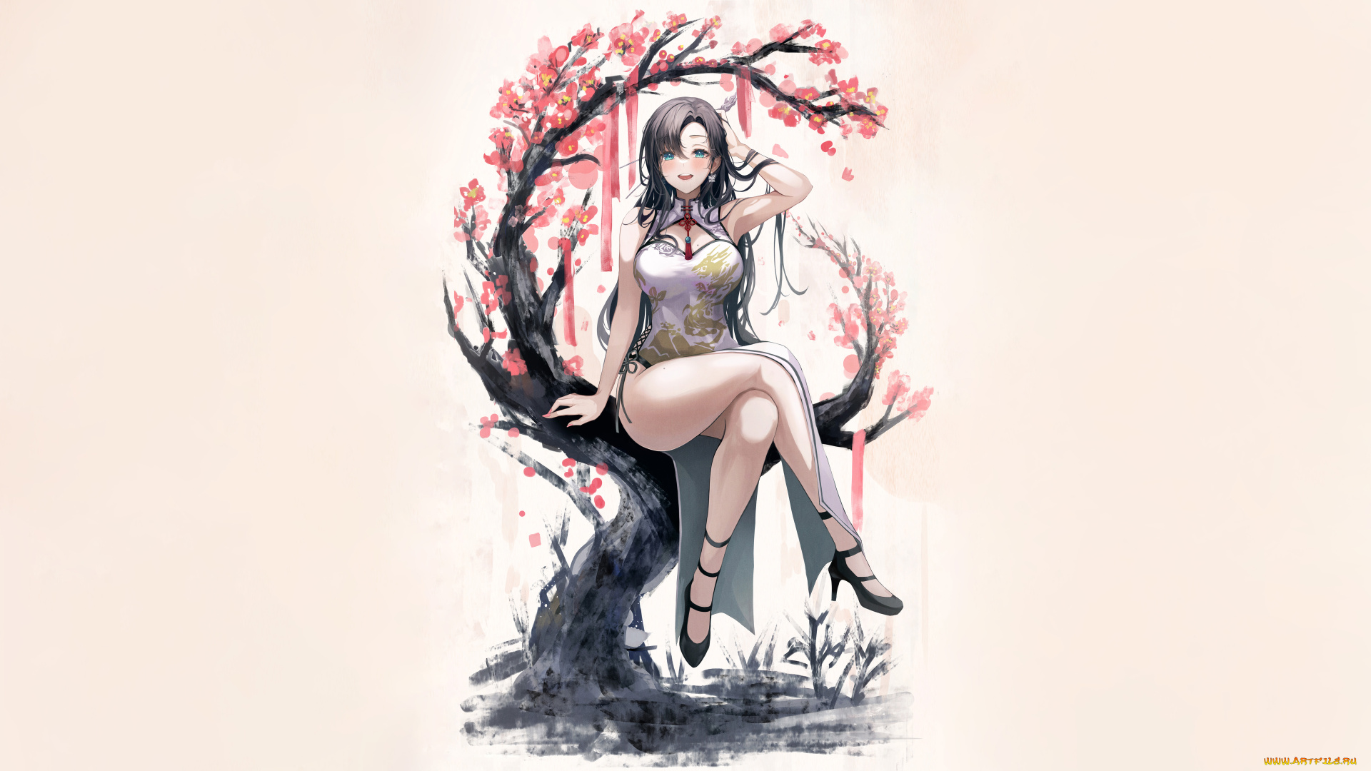 аниме, unknown, , другое, , девушка, дерево, цветы