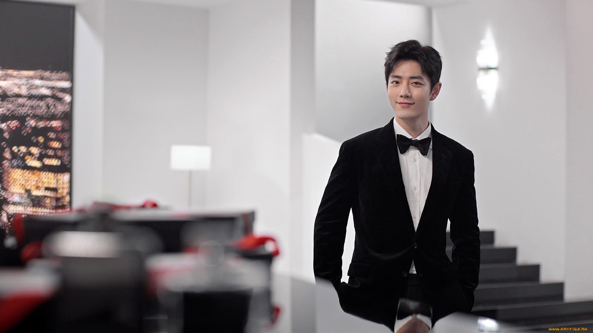 мужчины, xiao, zhan, актер, костюм, бабочка, лестница