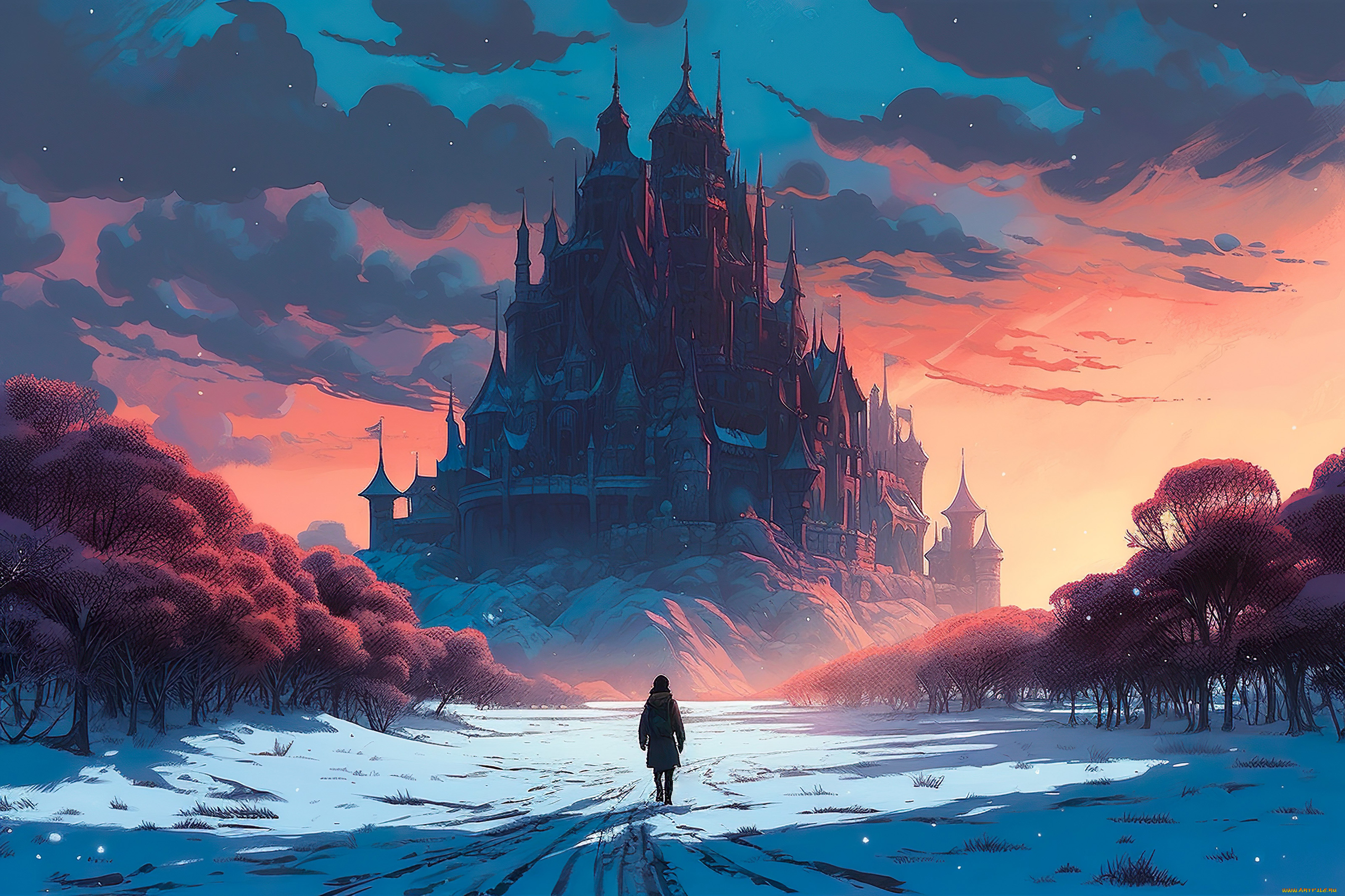 фэнтези, замки, зима, снег