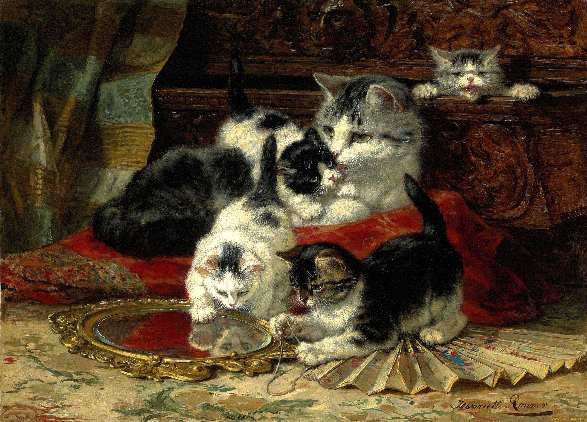 henriette, ronner-knip, рисованное, кошка, котята, веер, зеркало