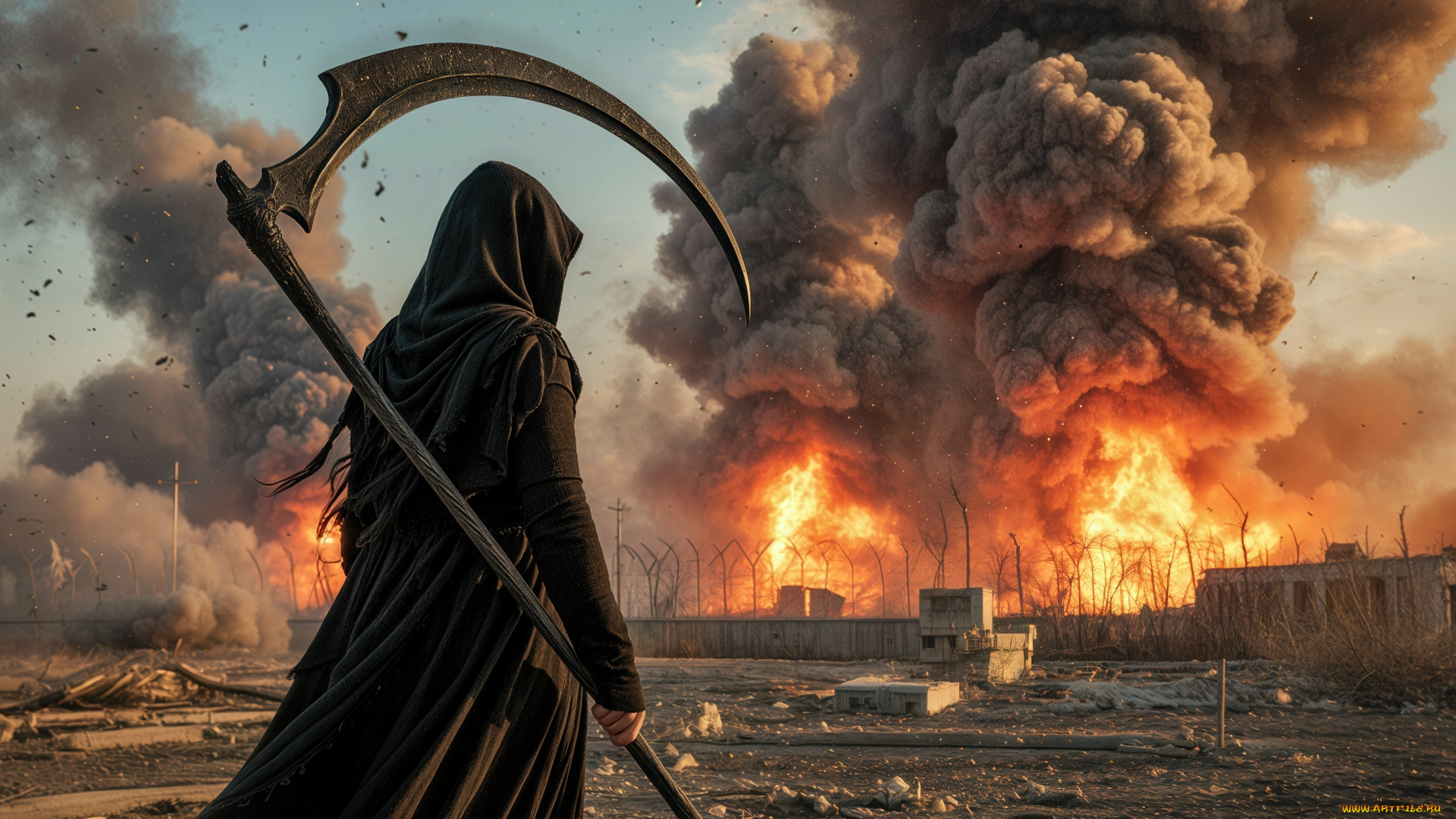 3д, 3д, графика, ужас, , horror, война, взрыв, смерть, коса, нейросеть