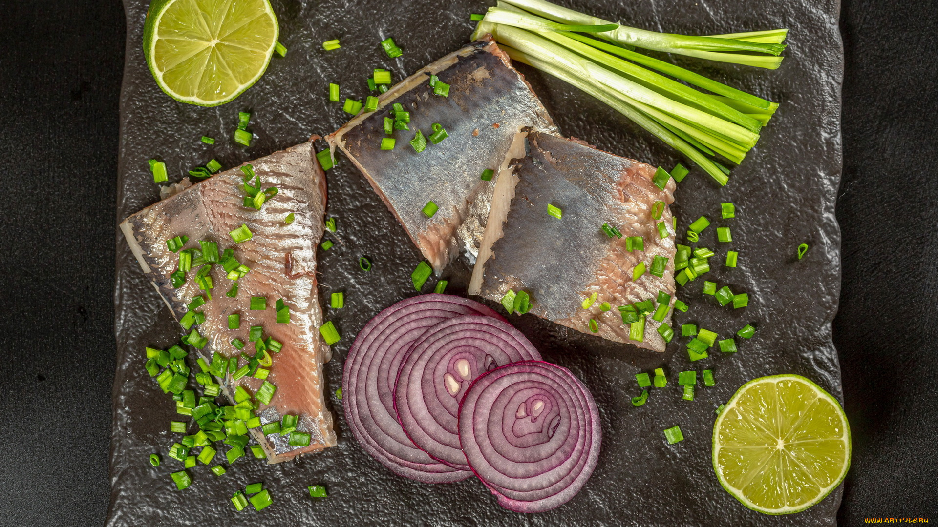 еда, рыбные, блюда, , с, морепродуктами, лайм, лук, селедка