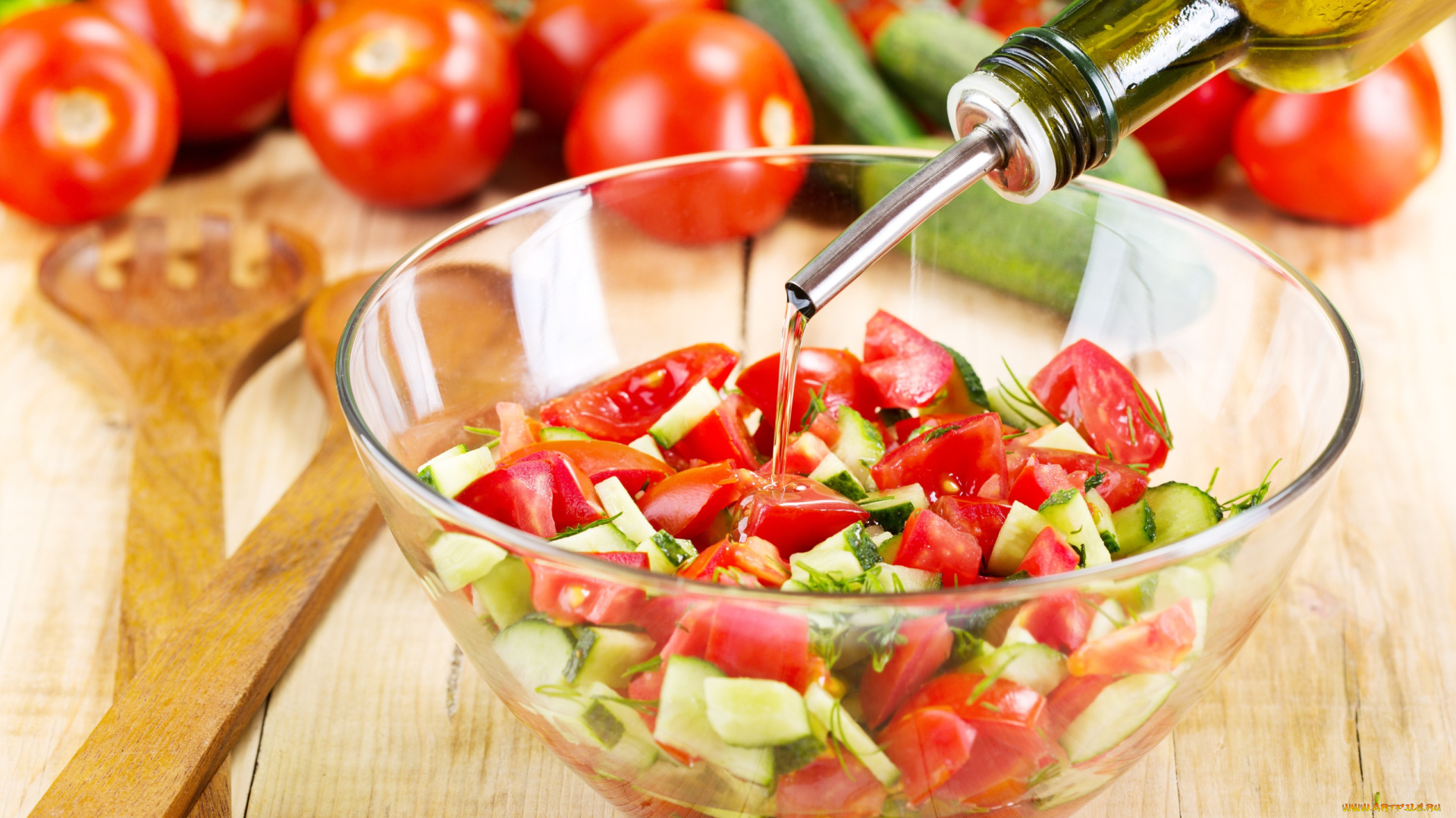 еда, салаты, , закуски, помидоры, огурцы, овощной, салат, масло