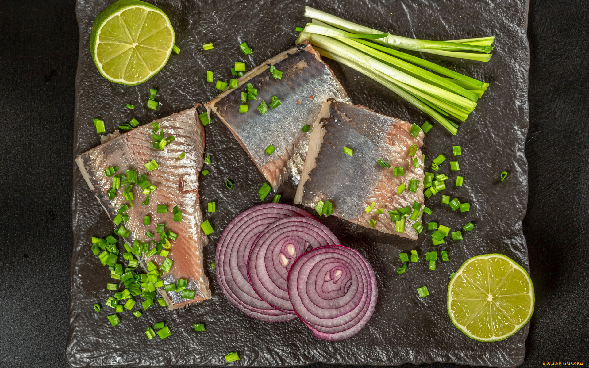 еда, рыбные, блюда, , с, морепродуктами, лайм, лук, селедка