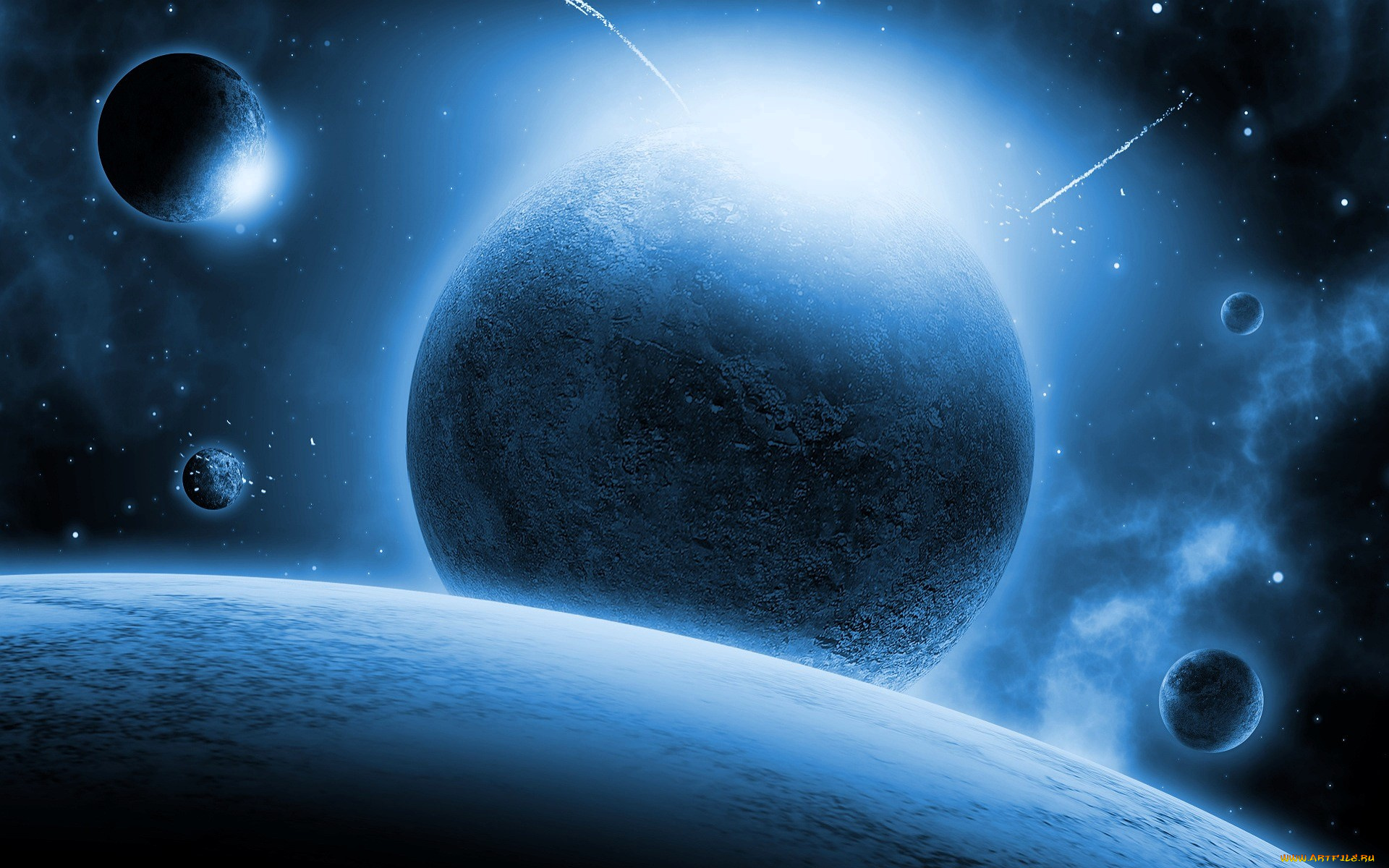 космос, арт, планеты, спутники, поверхность, звезды