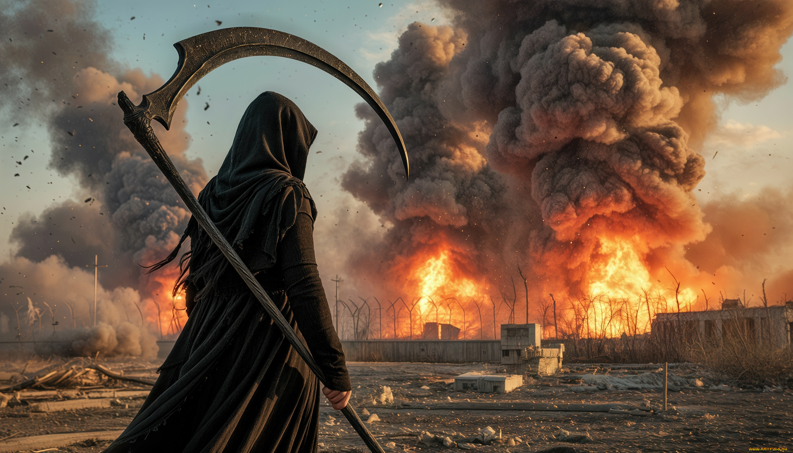 3д, 3д, графика, ужас, , horror, война, взрыв, смерть, коса, нейросеть