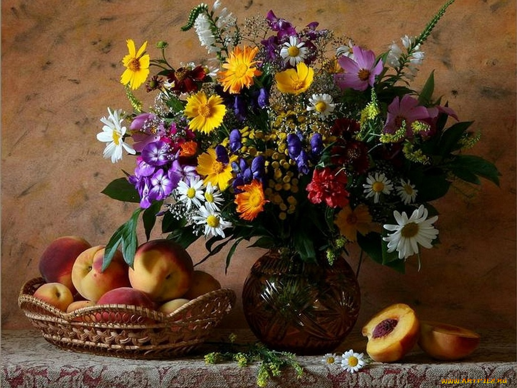 натюрморт, персиками, еда