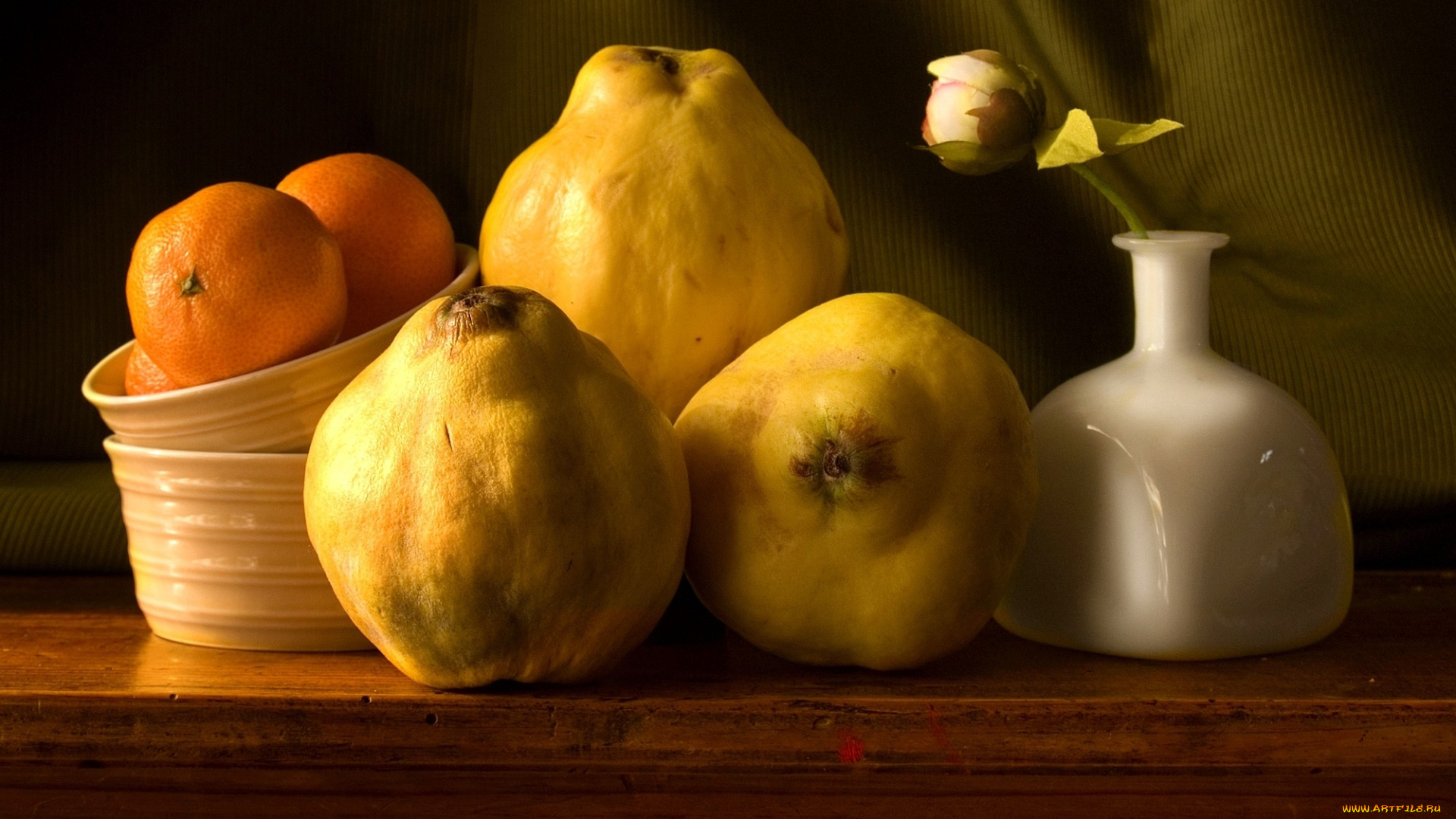 еда, фрукты, ягоды, пион, айва, мандарины, ваза