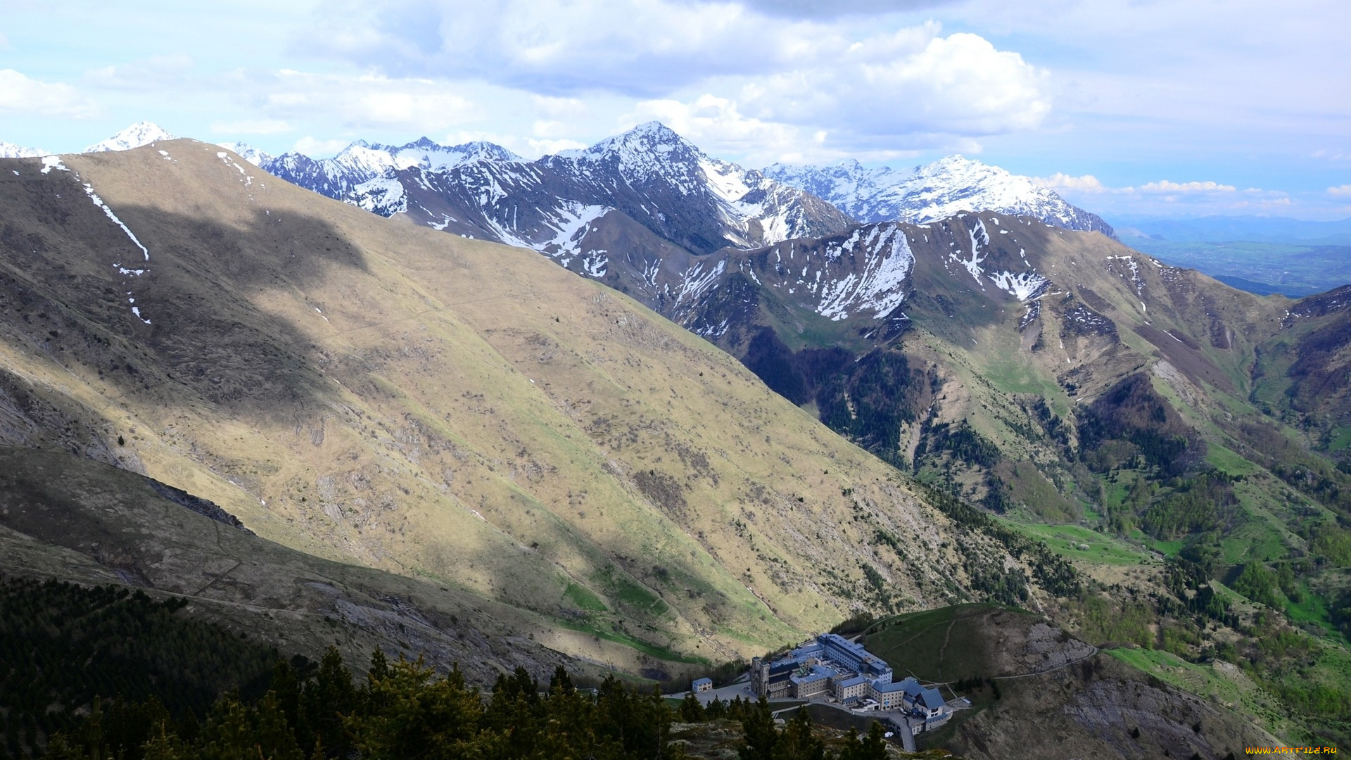 природа, горы, долина, вершины, здания