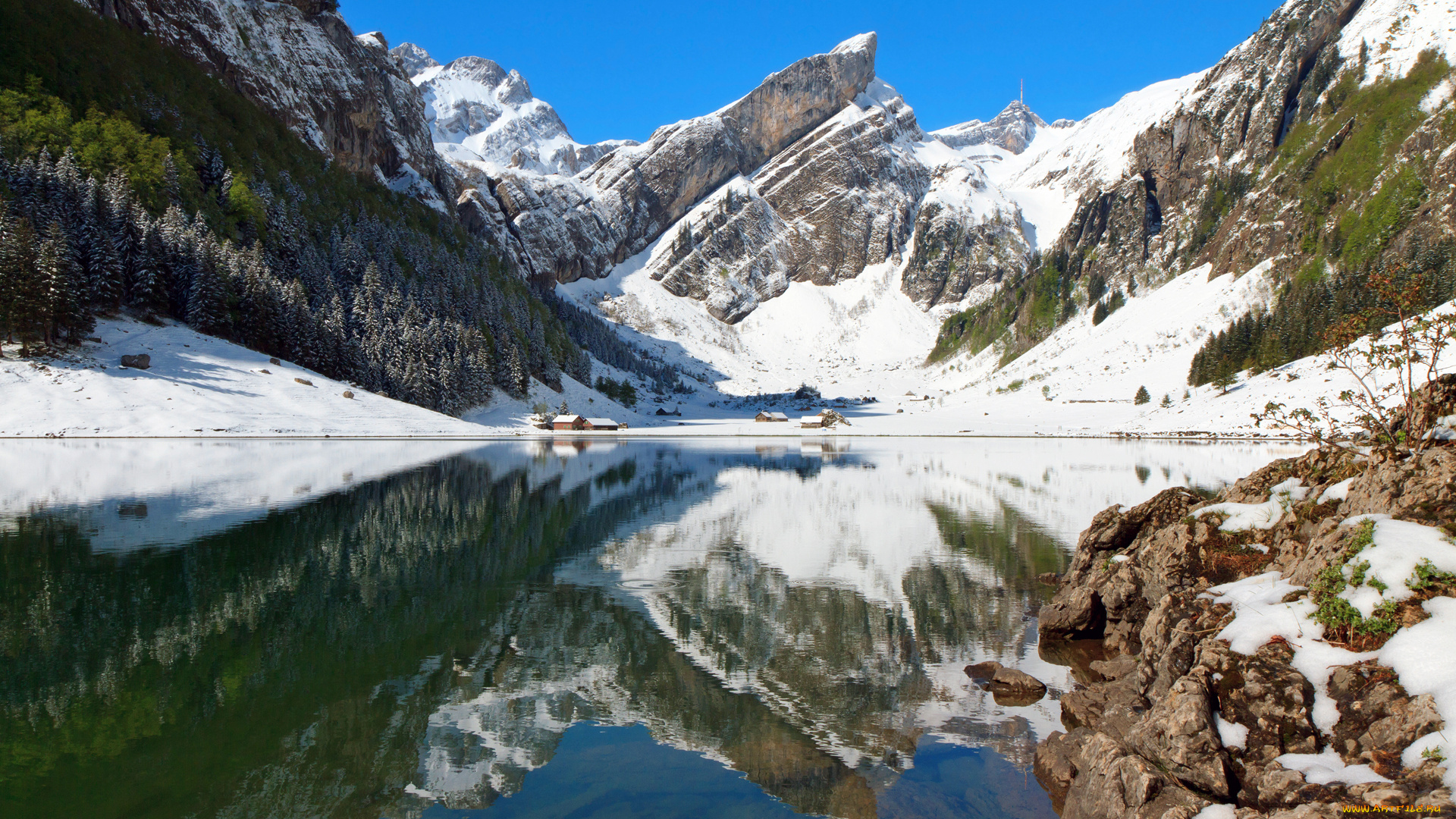 природа, горы, отражение, лес, озеро