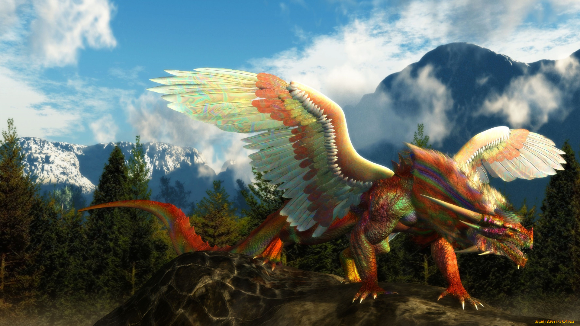 3д, графика, creatures, существа, дракон, цветной, крылья, пасть, рога