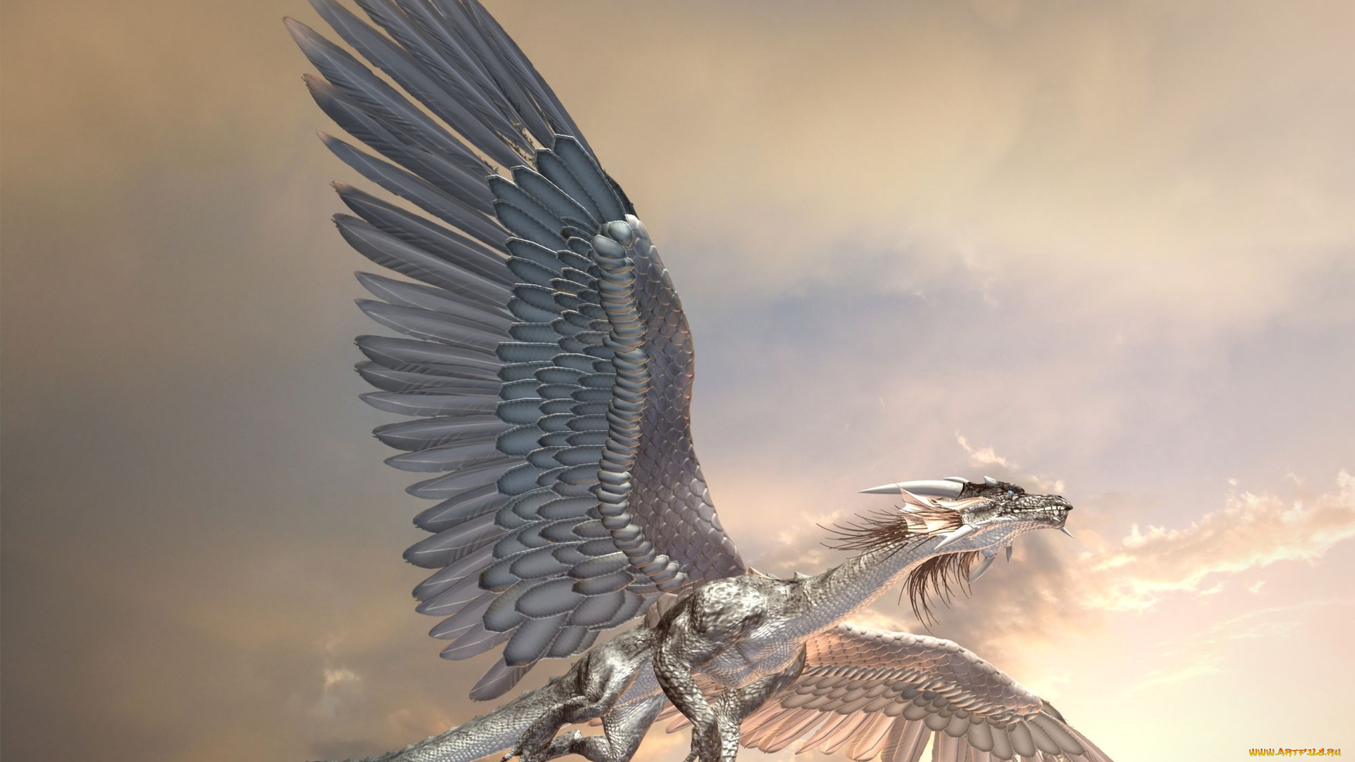 3д, графика, creatures, существа, дракон, полет, крылья, размах, облака